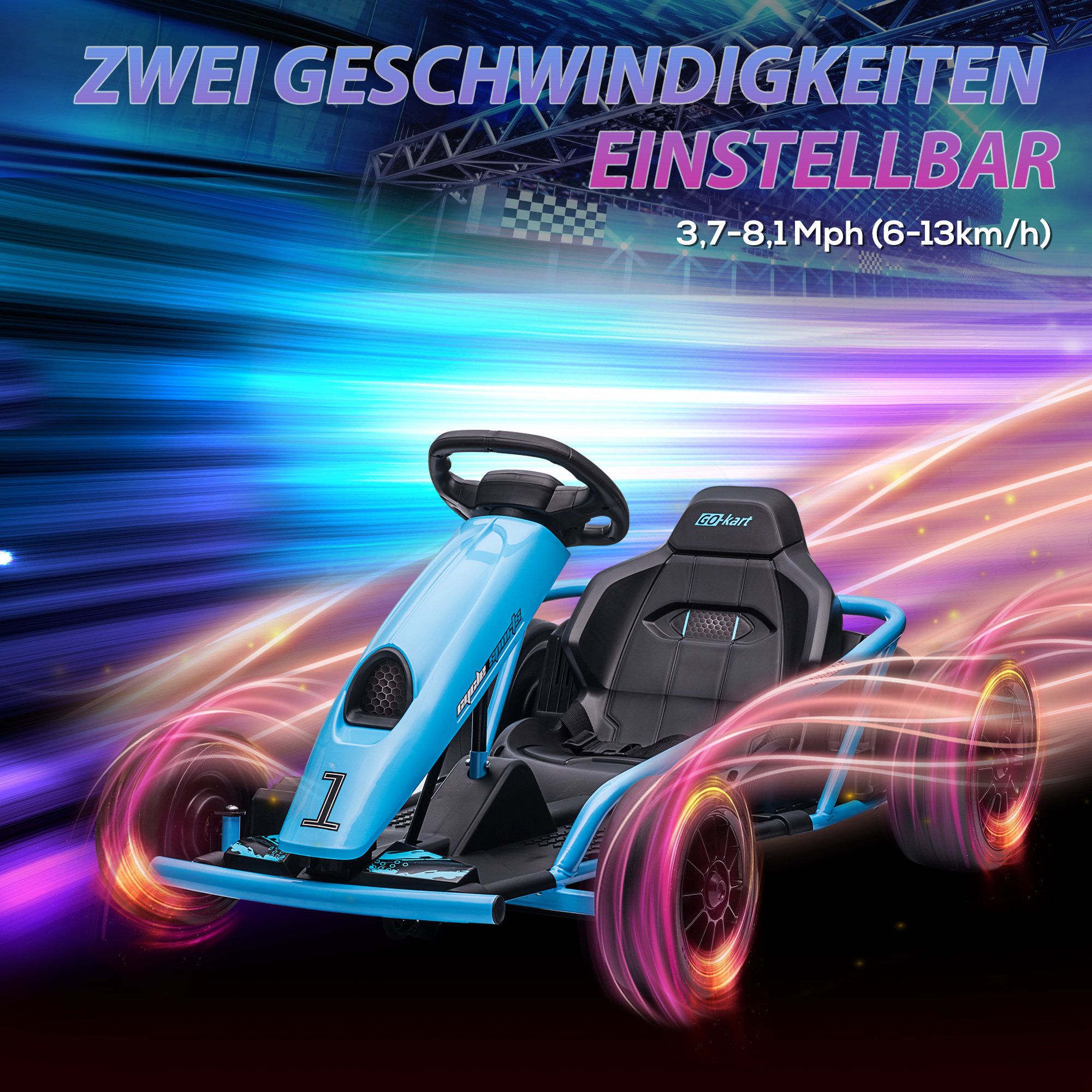 Elektro-Gokart für Kinder, Drift-Funktion, Hupe, Musik, Sicherheitsgurt, Soft-Start, Blau/Schwarz