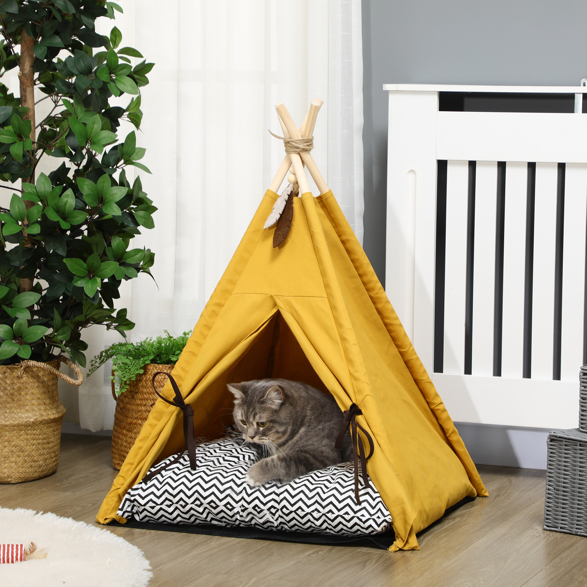 Tierbett, drolliges Tipi-Design, mit weichem Liegekissen, Bodenmatte, für Hunde und Katzen, 60 x 60 x 76 cm
