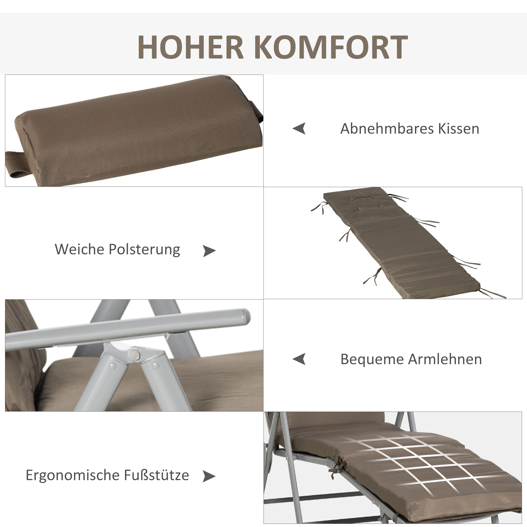 Sonnenliege Strandliege Gartenliege klappbar verstellbar mit Kissen Garten Metall Stoff Braun+Silber 137 x 63,5 x 100,5 cm