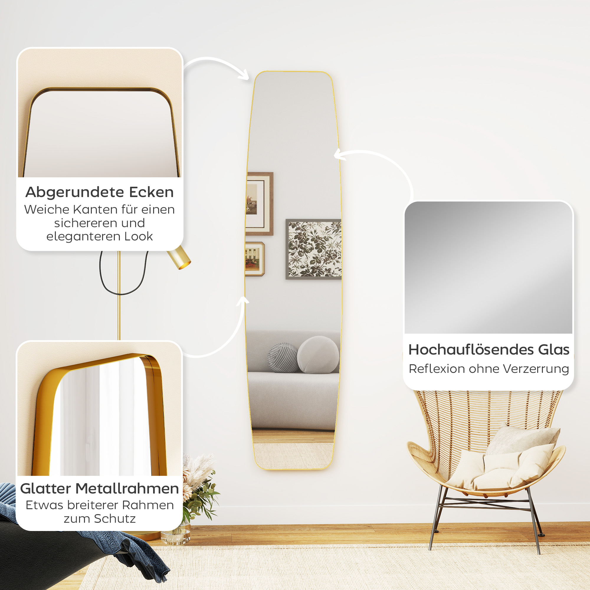 Wandspiegel Fenster Spiegel mit Metallrahmen Dekorativer Hängespiegel Flurspiegel, 160 x 40 x 3 cm, Gold