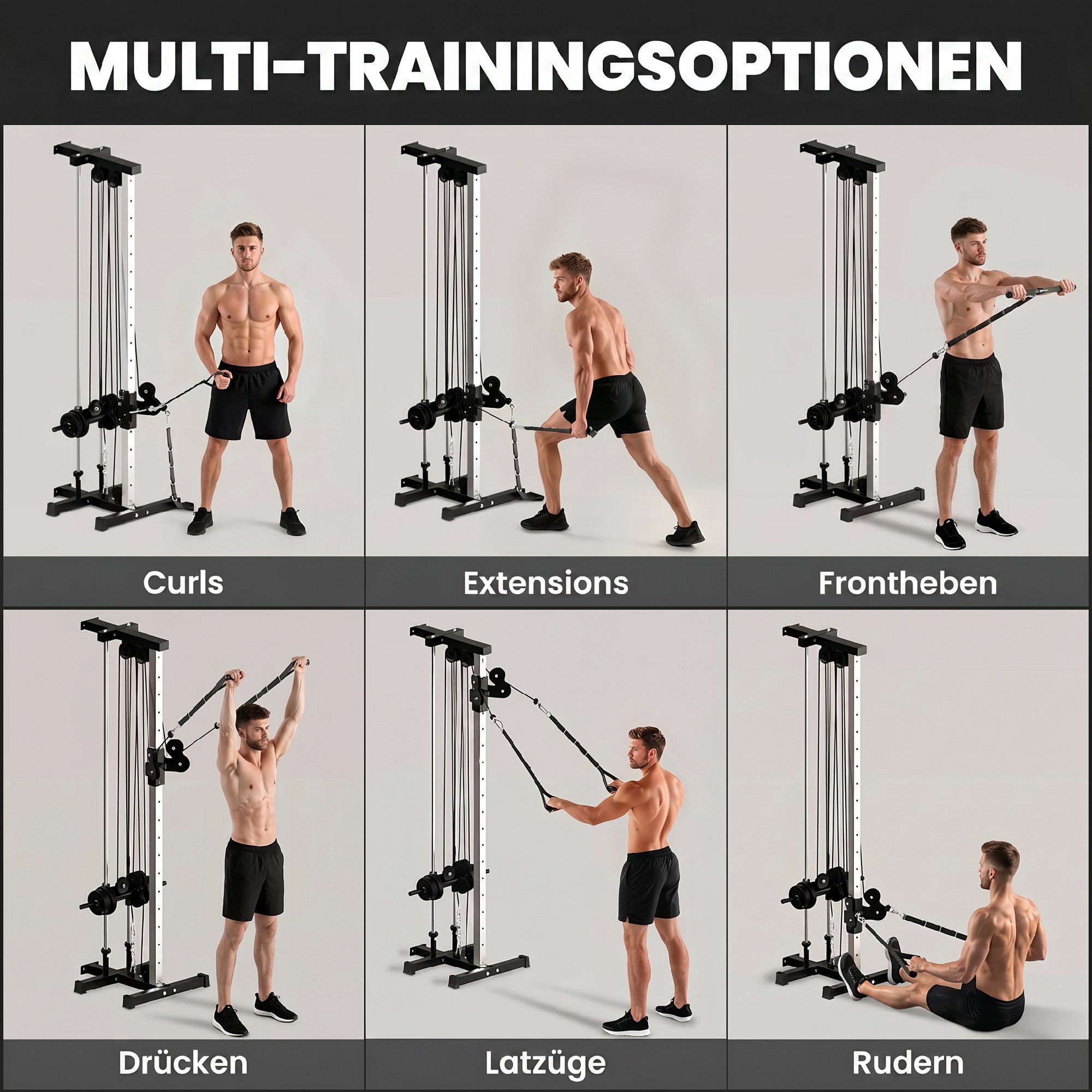 Kraftstation höhenverstellbar 25-165 cm mit Dual-Pulley-Systemen Adaptern 62 x 60 x 200 cm Schwarz