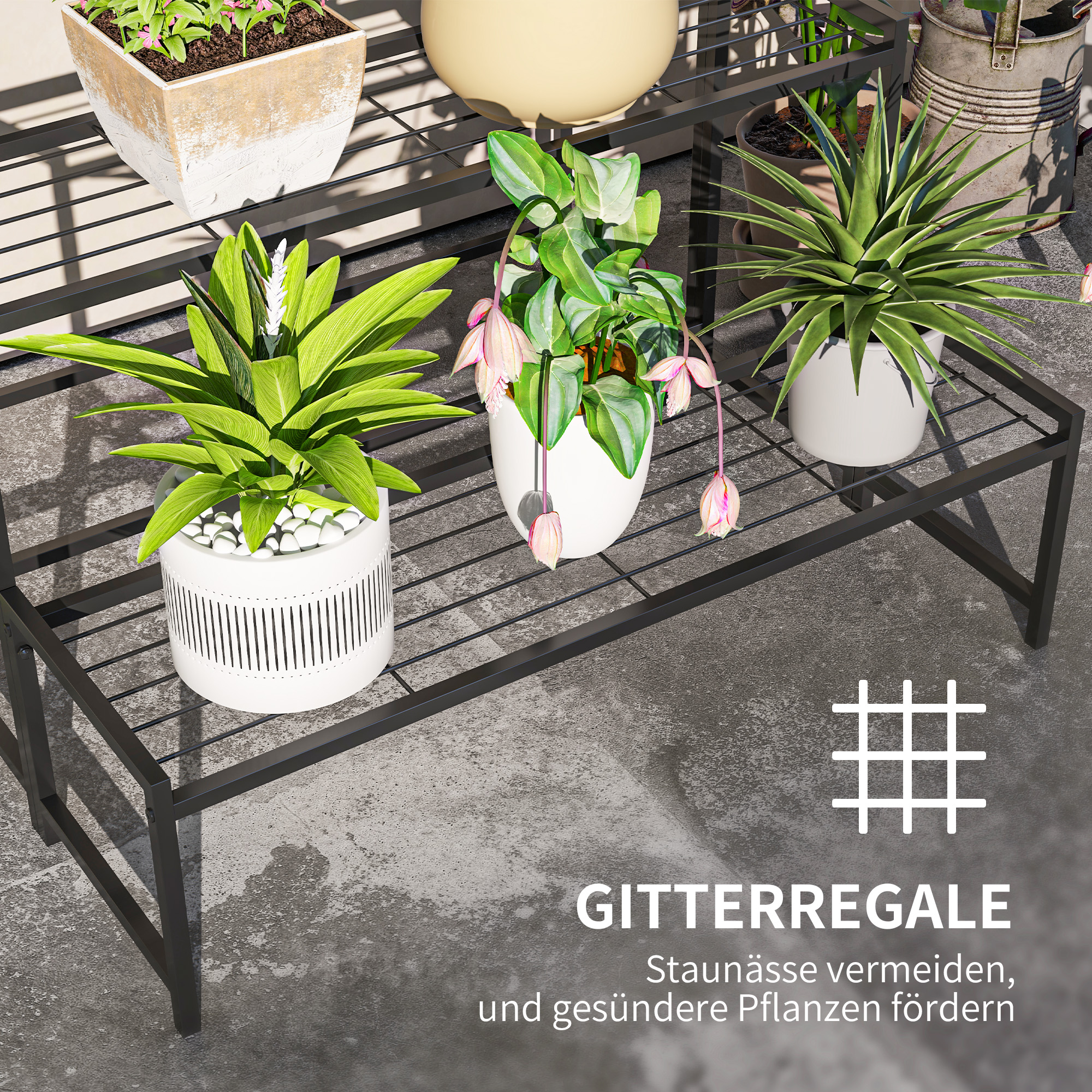 Blumentopfständer, 3-stufiger Pflanzenständer in Treppenform, Blumentopfgestell für drinnen und draußen, Metall, Schwarz