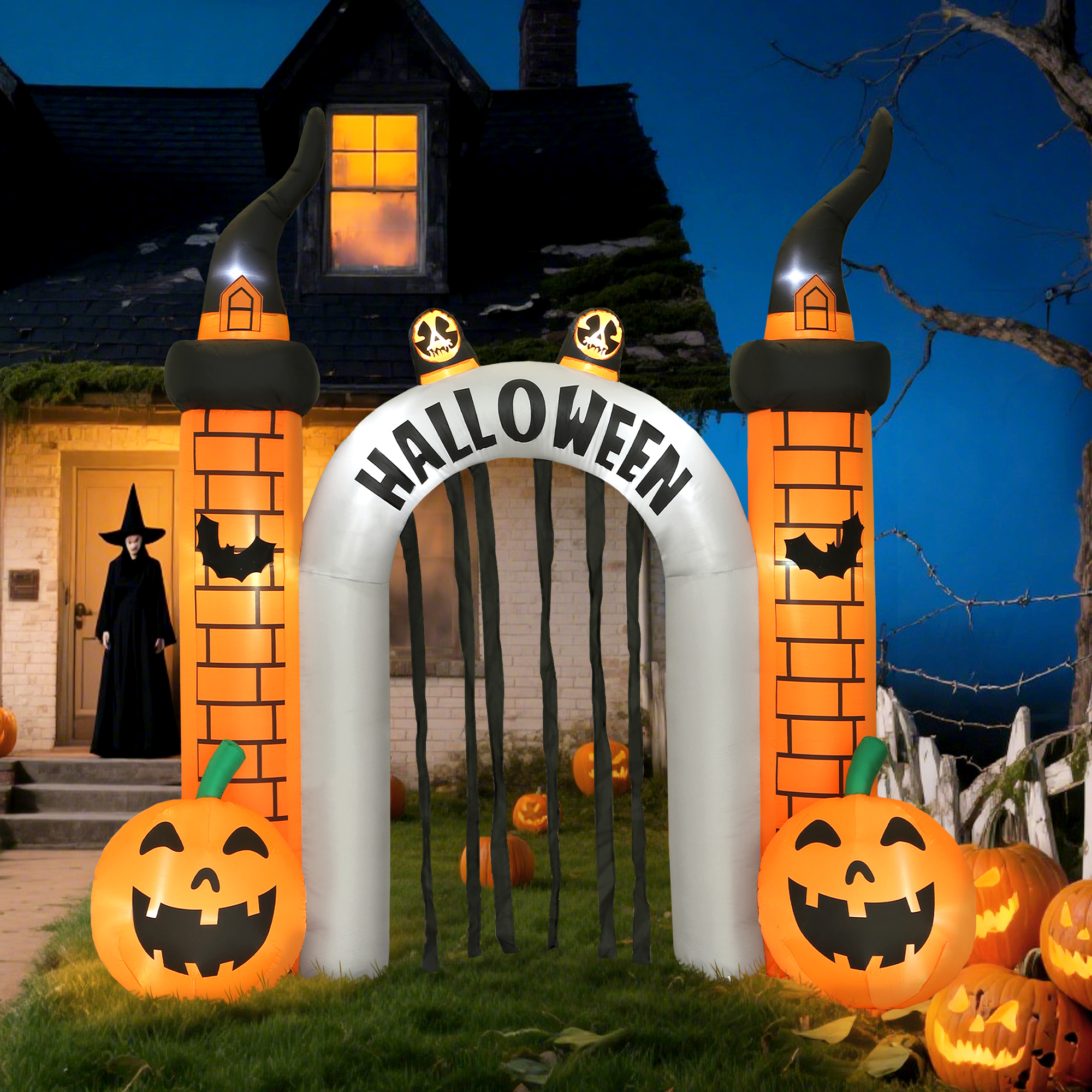 Aufblasbarer Halloween-Torbogen, Kürbis-Design, LEDs, Heringe, Polyester Aufblasbarer Halloween-Torbogen, Kürbis-Design, LEDs, Heringe, Polyester