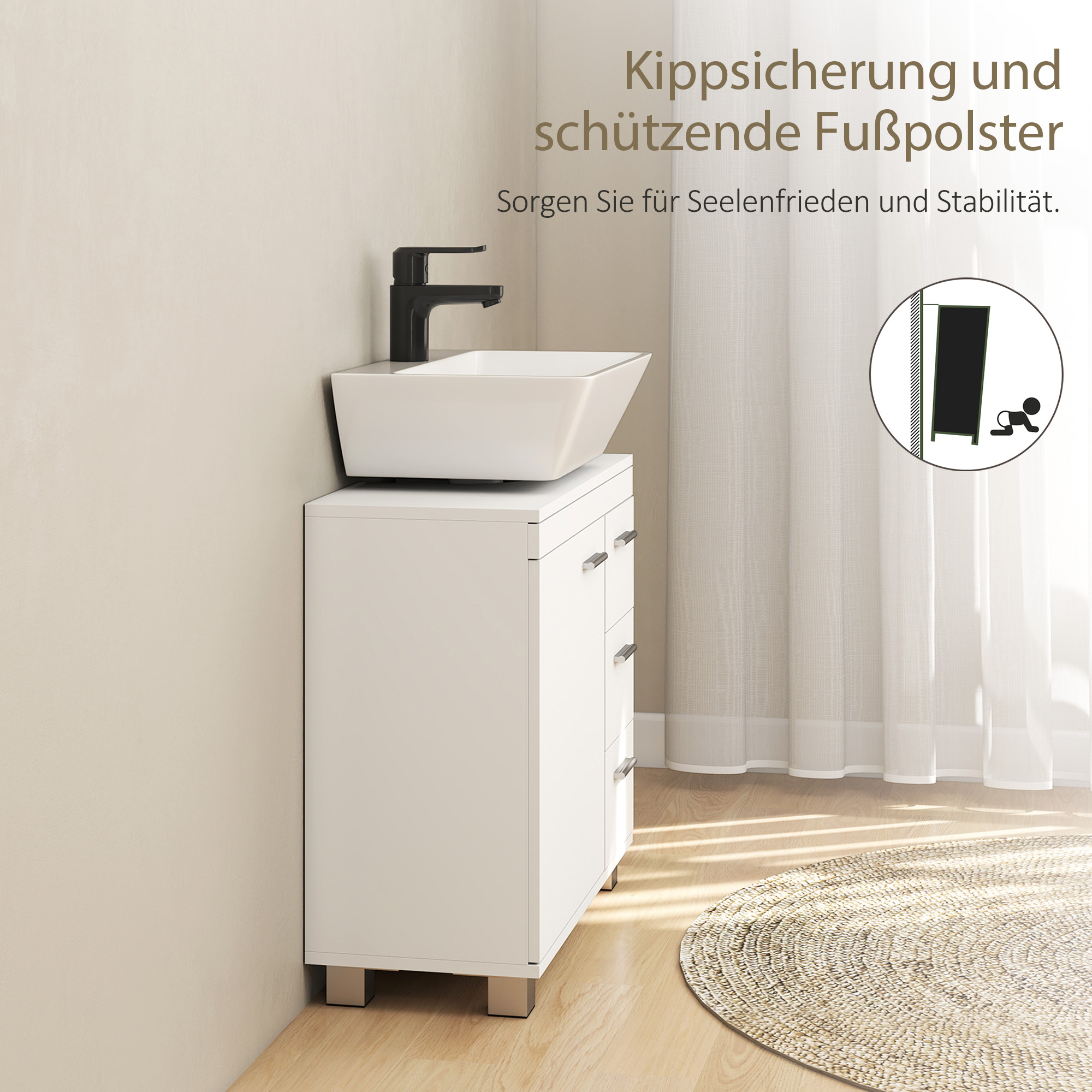 Unterschrank für Waschbecken, 2 Regale, 3 Schubladen, MDF-Struktur, Weiß