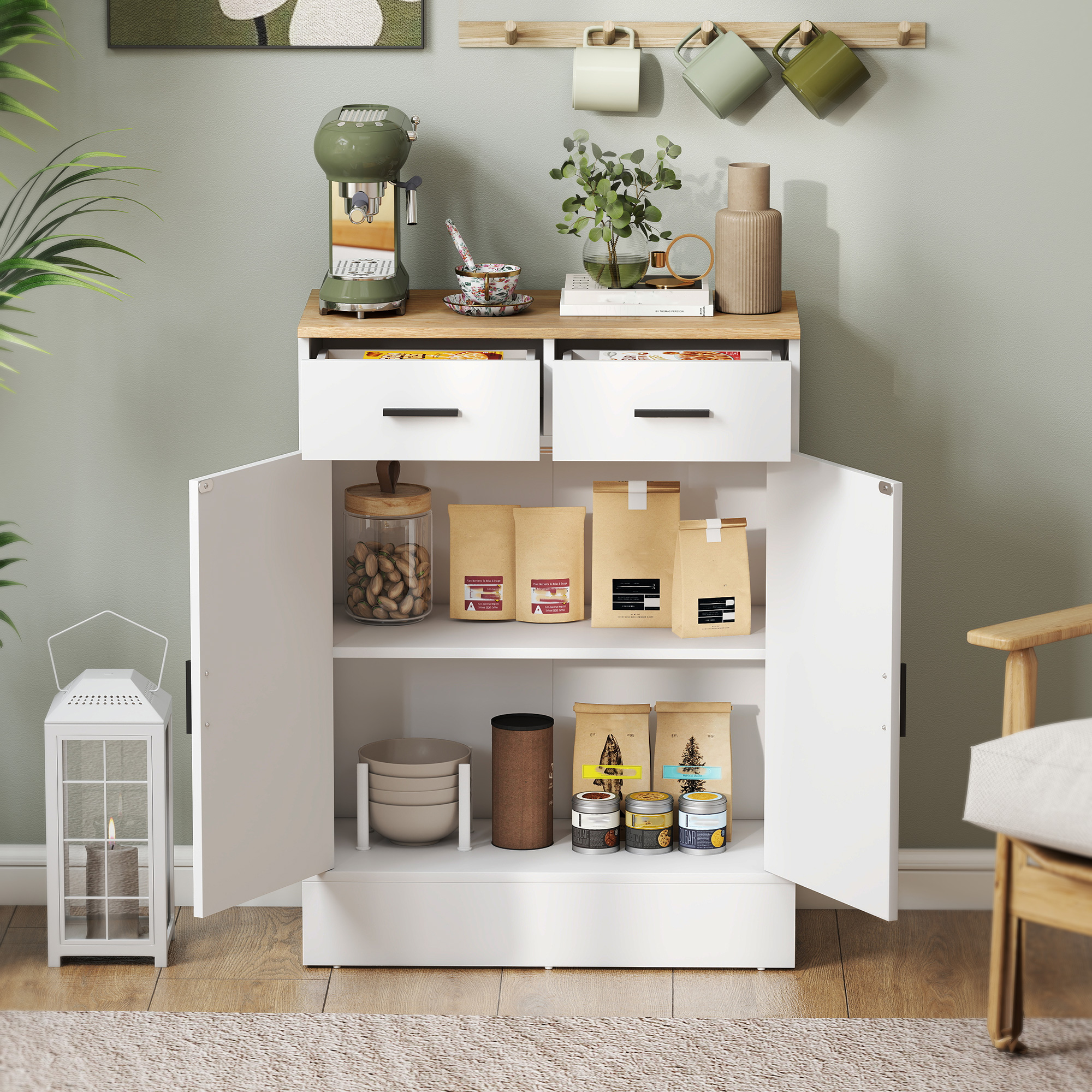 Sideboard mit Stauraum, Kommode mit 2 Schubladen, verstellbares Regal, für Küche, Wohnzimmer, Flur, Naturholz, Weiß