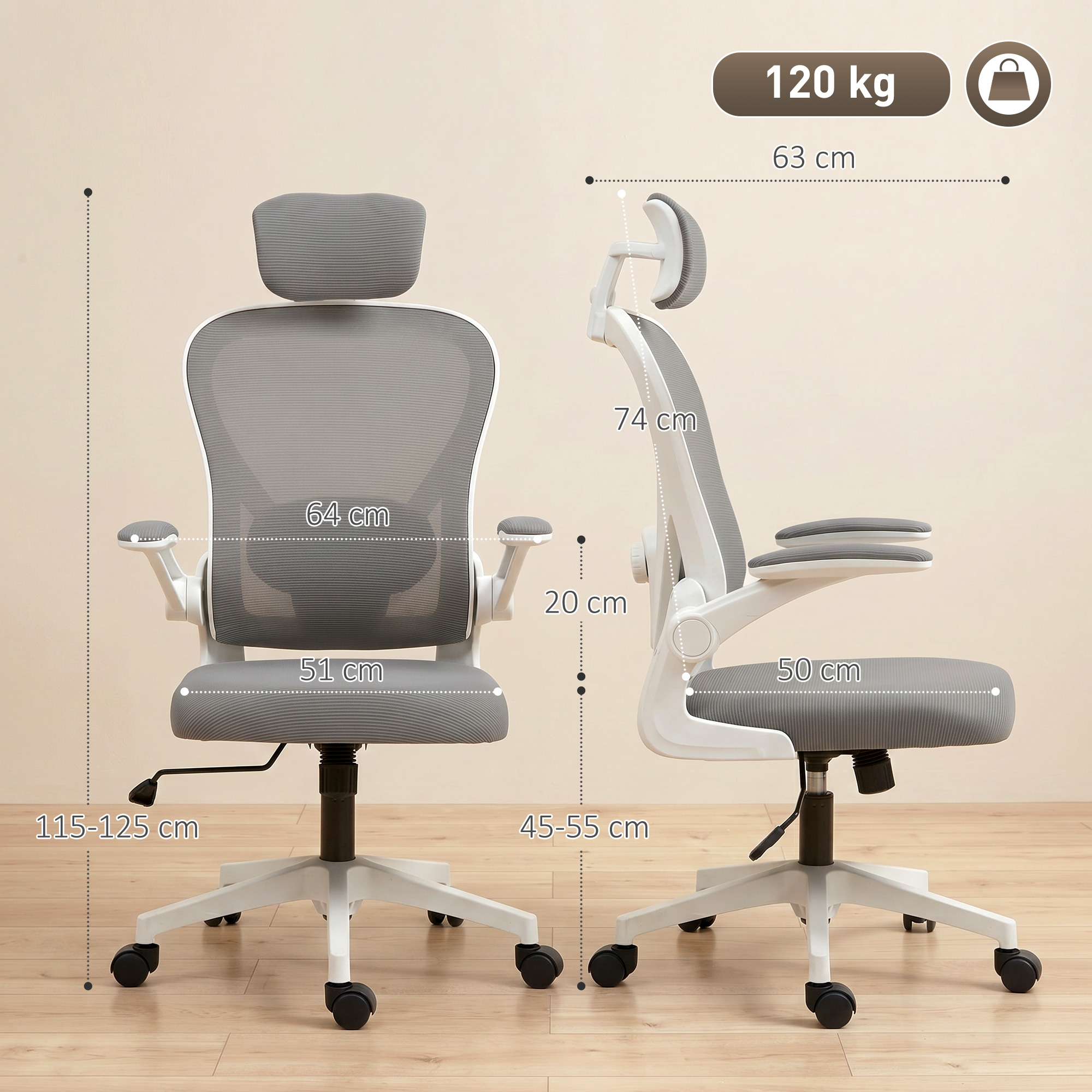 Bürostuhl Ergonomischer Schreibtischstuhl mit Hochklappbaren Armlehnen, Verstellbarer Lendenwirbelstütze Grau