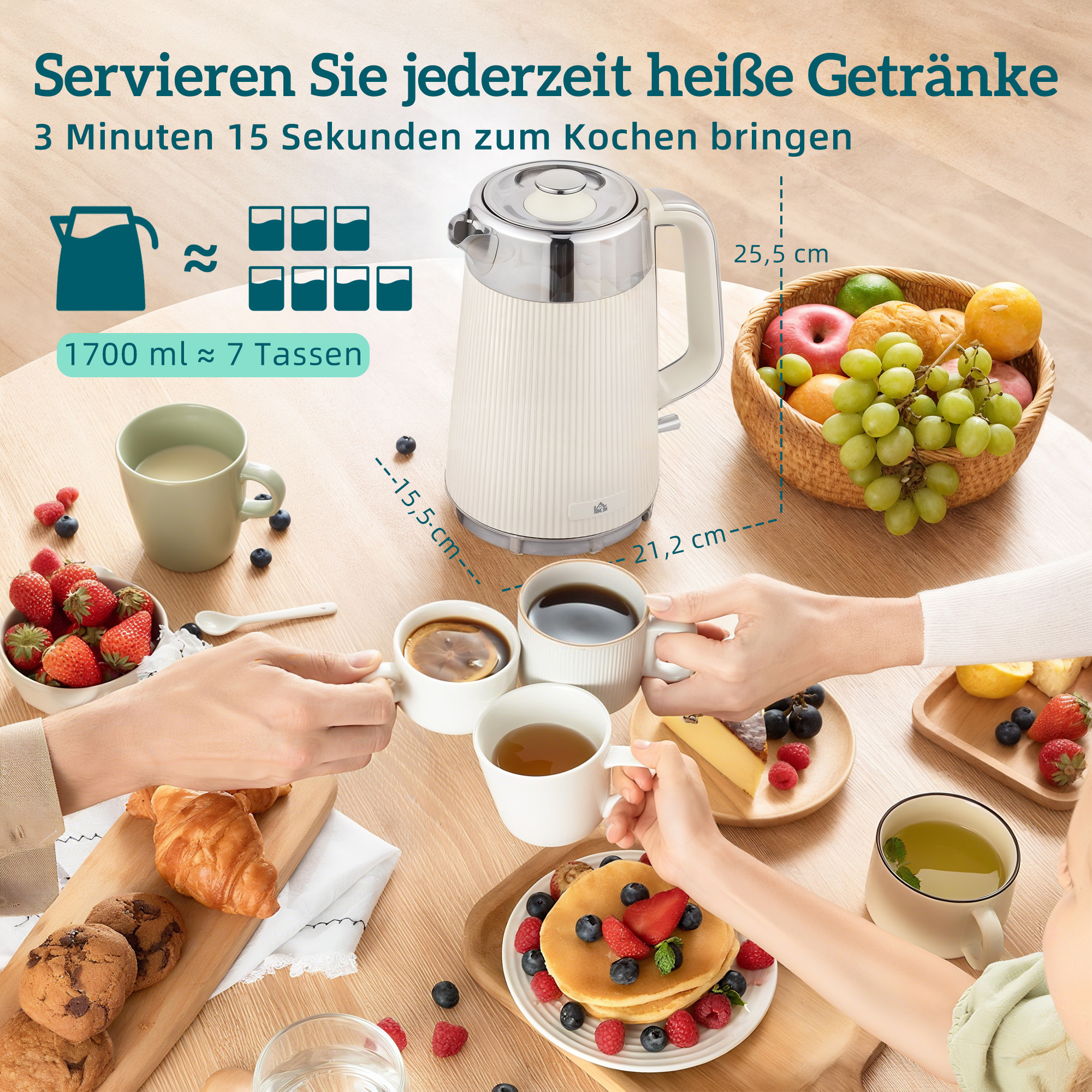 2200W, 1,7L Wasserkocher mit Schnellkochfunktion, Kalkfilter und 4-Scheiben-Toaster mit 7 Bräunungsstufen, Cremeweiß