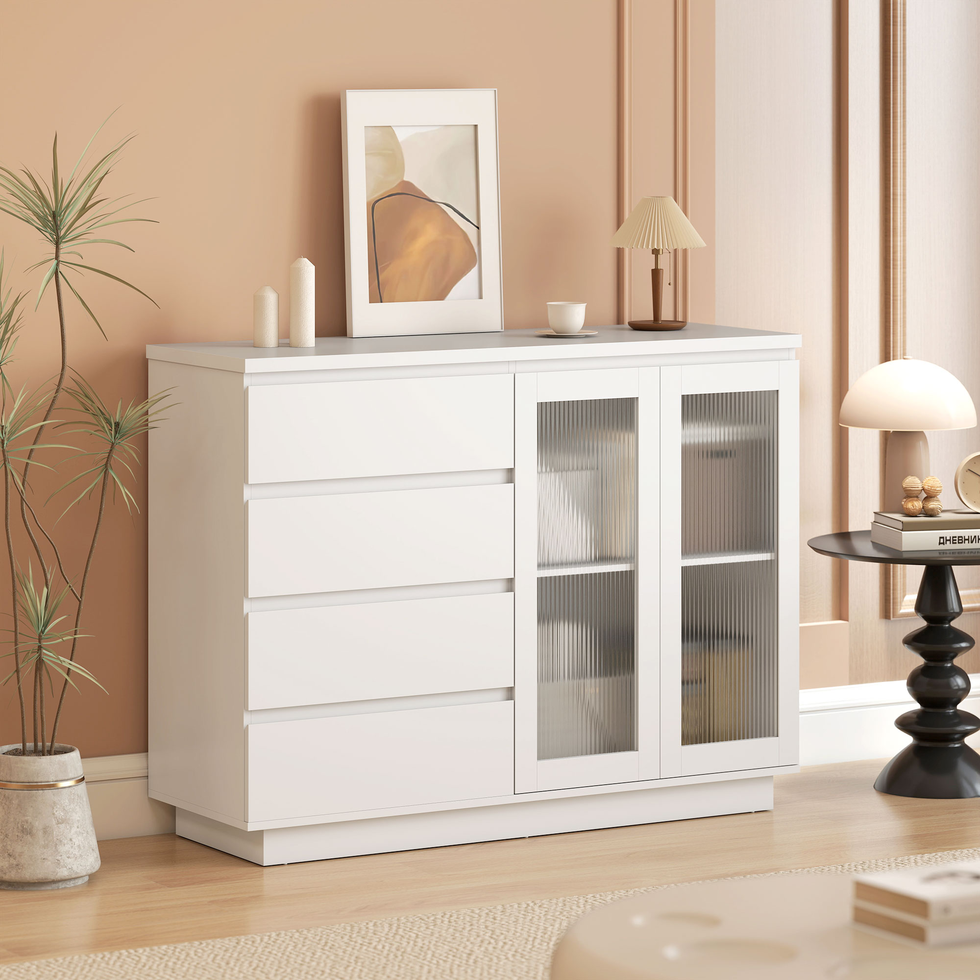 Buffetschrank, Sideboard mit 4 Schubladen, 2 Glastüren, modernes Design, MDF, Weiß