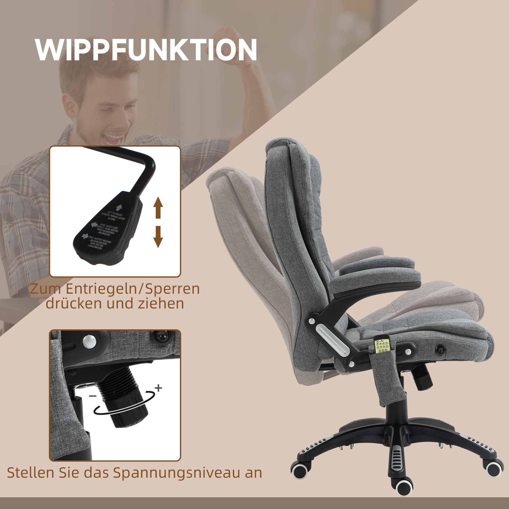 Bürostuhl  Massagesessel mit Wärmefunktion, Ergonomischer Chefsessel, Höhenverstellbarer Drehstuhl, Gamingstuhl mit Massage, Dunkelgrau, 68 x 72 x 110-120 cm