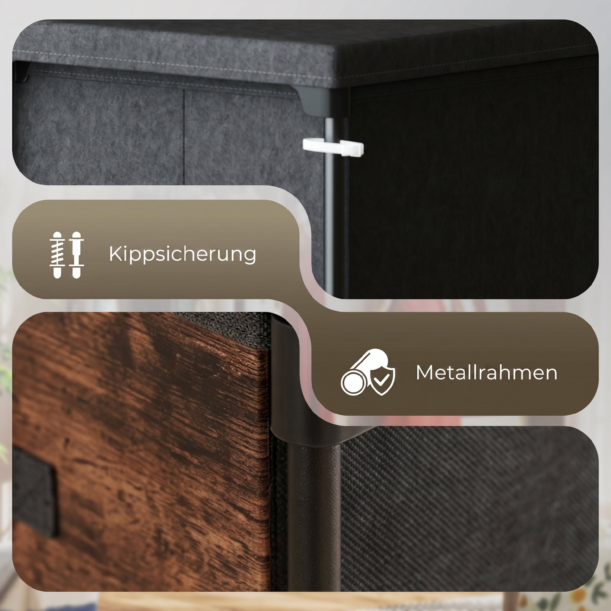 Kommode mit 8 Schubladen, Stoffkommode mit Metallgestell, für Schlafzimmer & Wohnzimmer, Vintage Braun