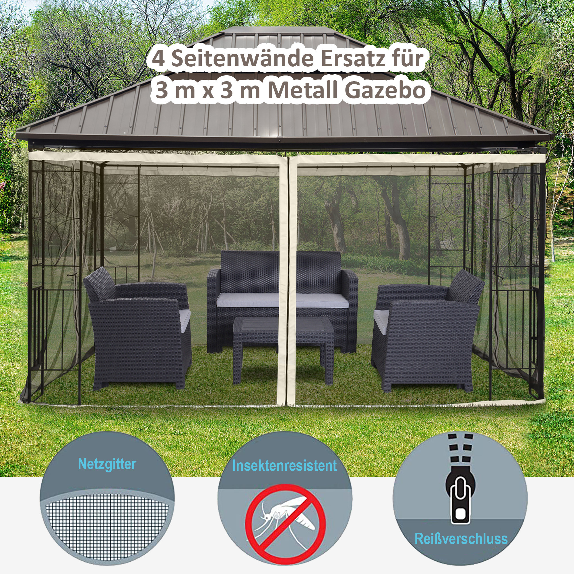 Ersatz-Netzvorhang für 3 x 4 m Gartenpavillons, Fliegennetz, mit Reißverschlüssen, Polyester, Schwarz