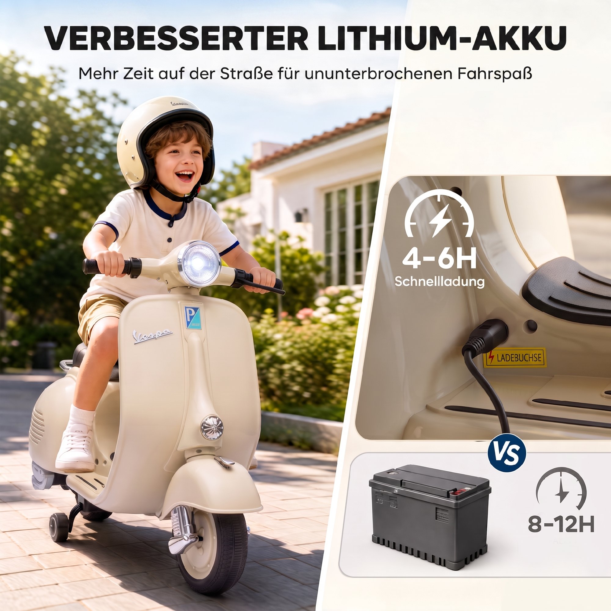 Elektro Motorrad Kinder 6 V Elektromotorrad mit Stützrädern, Lithium-Akku, Softstart, Musik, USB Scheinwerfer Hupe