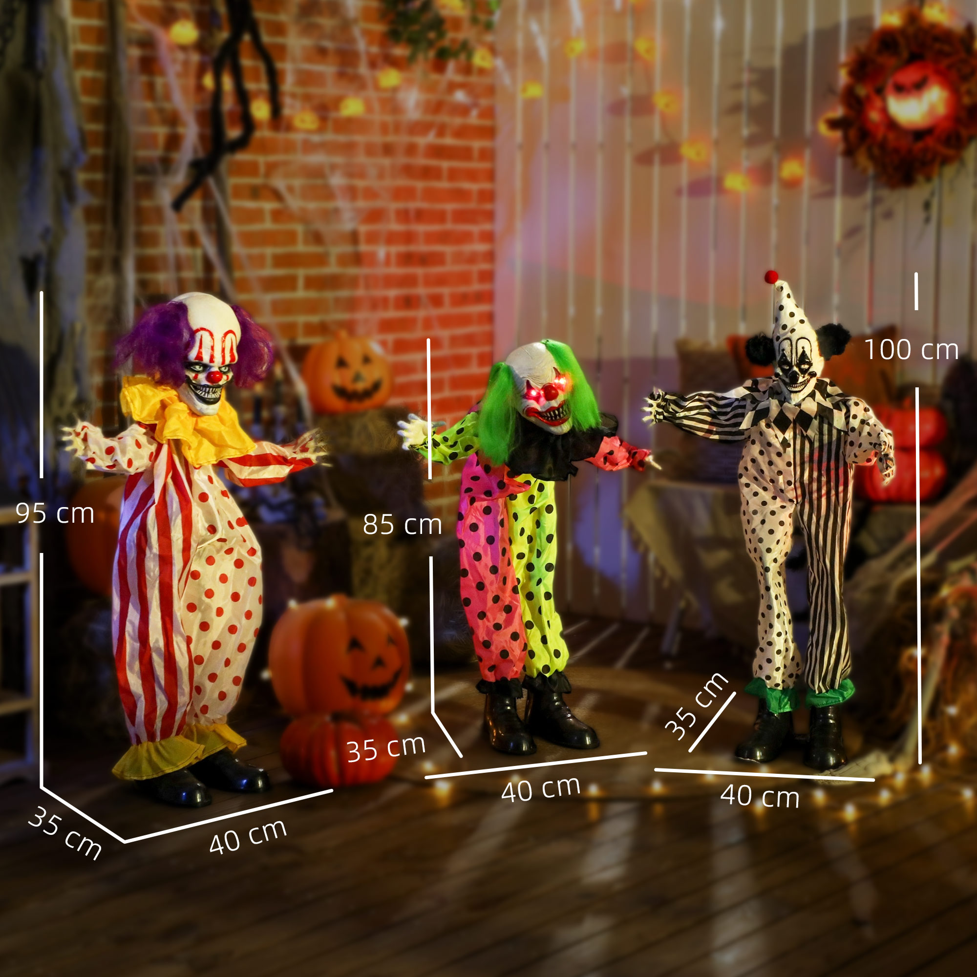 stapelbare Halloween-Animatronics-Clowns mit roten leuchtenden Augen für Indoor-Party-Requisiten