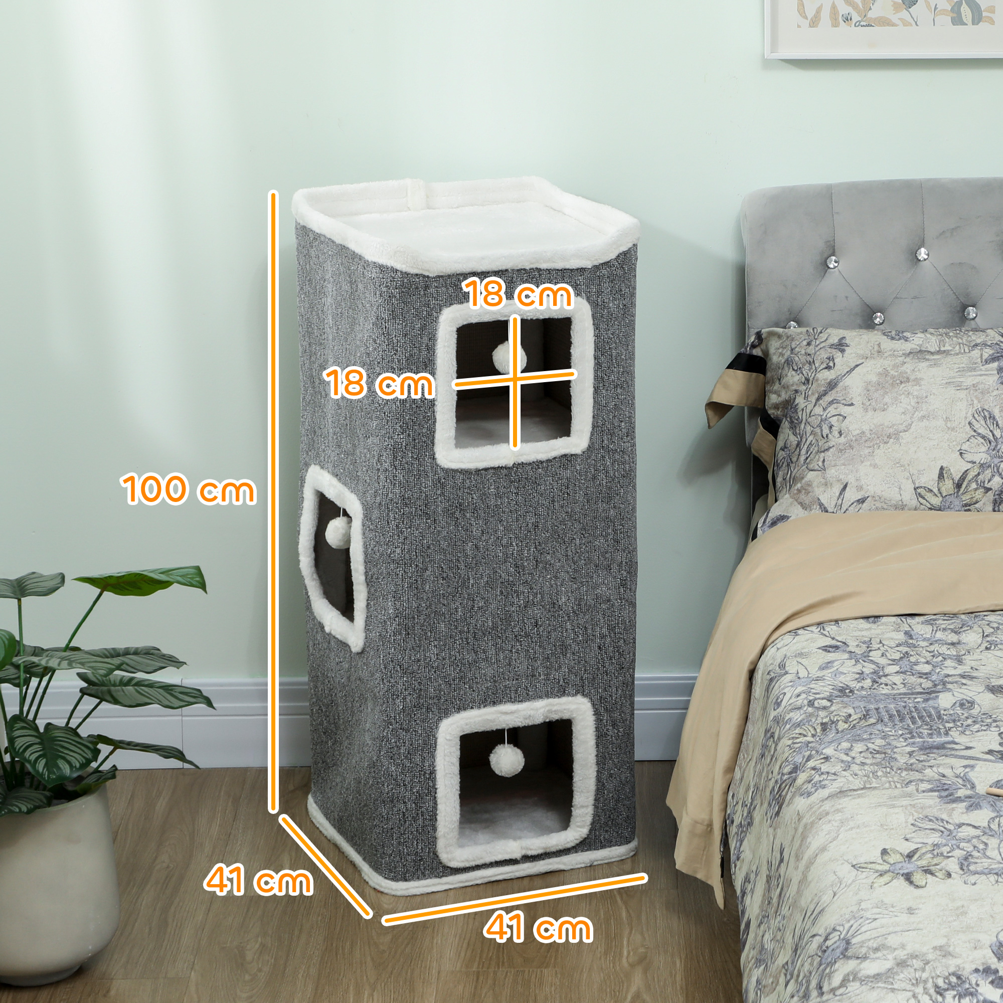 4-stufiger Katzenturm, Kratzbaum mit 3 Höhlen, Spanplatte, Spielbälle, Grau