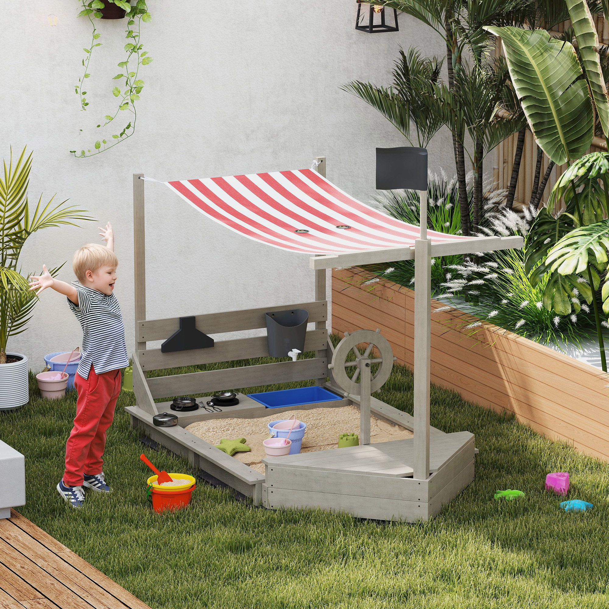 Sandkasten mit Sonnendach Piratenschiff, inkl. Kinderküchenspielset, Massivholz, 180 x 103 x 144,5 cm, Grau