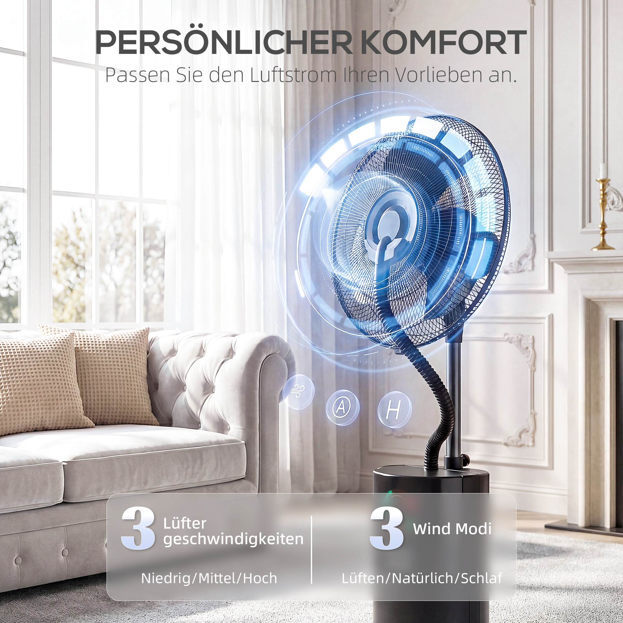 4-in-1 Standventilator mit Wassernebel Luftreiniger Mückenschutz 9-Stunden-Timer 3 Modi Fernbedienung Schwarz