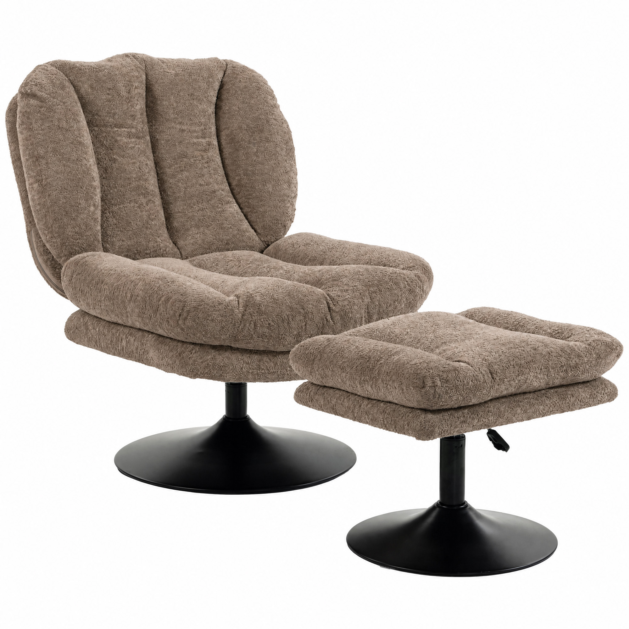 Loungesessel mit Hocker, 360° drehbar, aus Raindrop-Samt, höhenverstellbarer Fußhocker, Braun