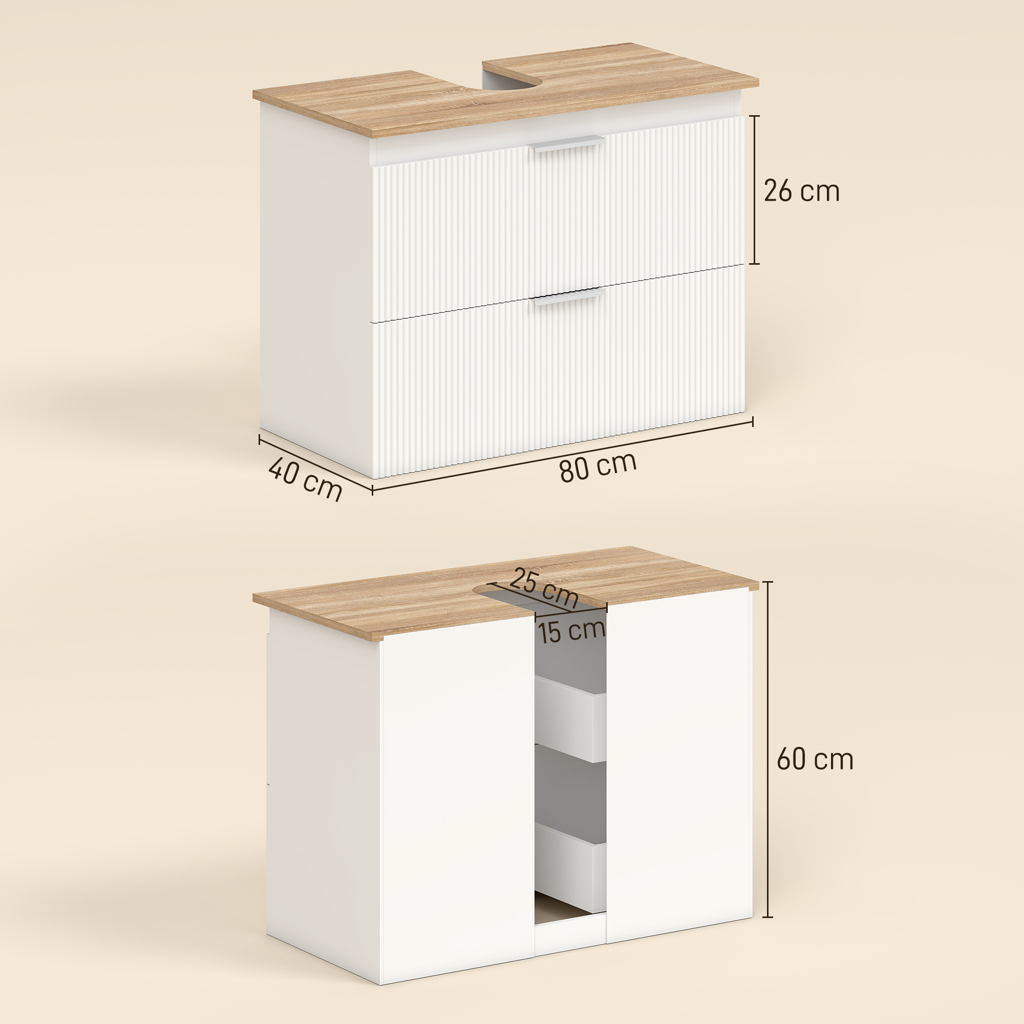 Unterschrank für das Badezimmer, 80 cm Schrank mit zwei großen Schubladen für Waschbecken mit oder ohne Sockel, Weiß