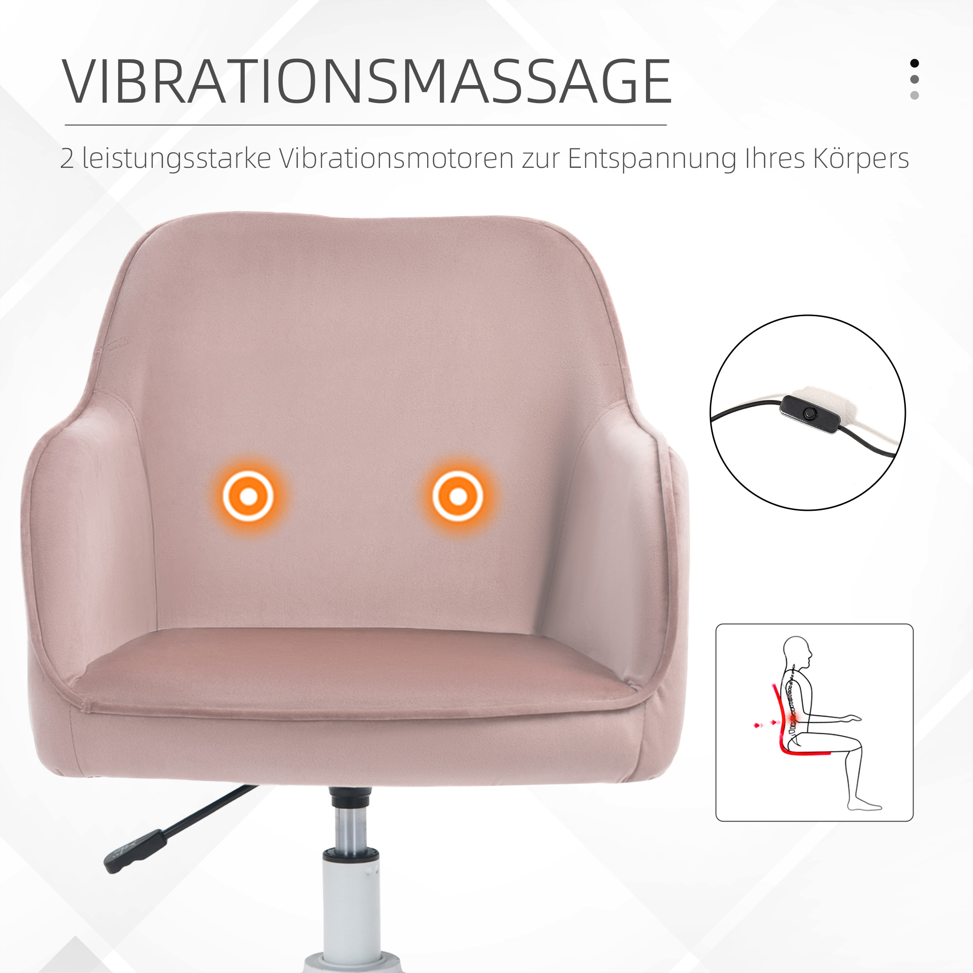 Massage Schreibtischstuhl 78-86 cm höhenverstellbarer Bürostuhll Drehstuhl Computerstuhl mit USB-Schrittstelle Arbeitsstuhl mit Vibrationsfunktion Lendenkissen Massagefunktion rosa