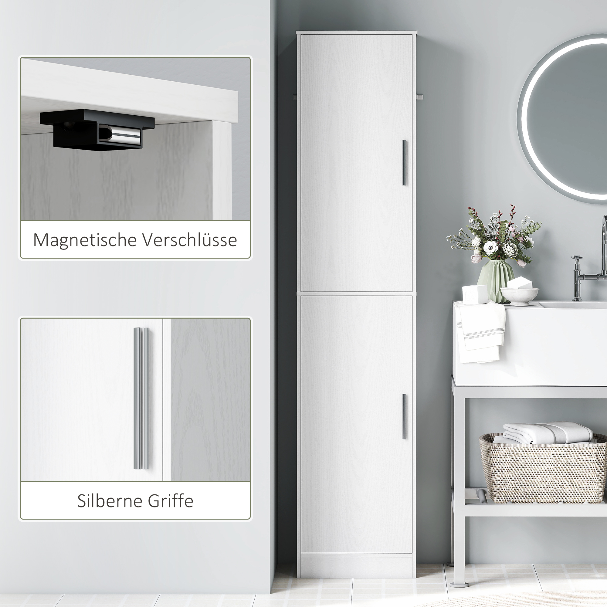 180 cm hoher Badezimmerschrank, schmaler Badschrank mit 2 Türen, 4 verstellbare Regale, Spanplatte, MDF, Weiß