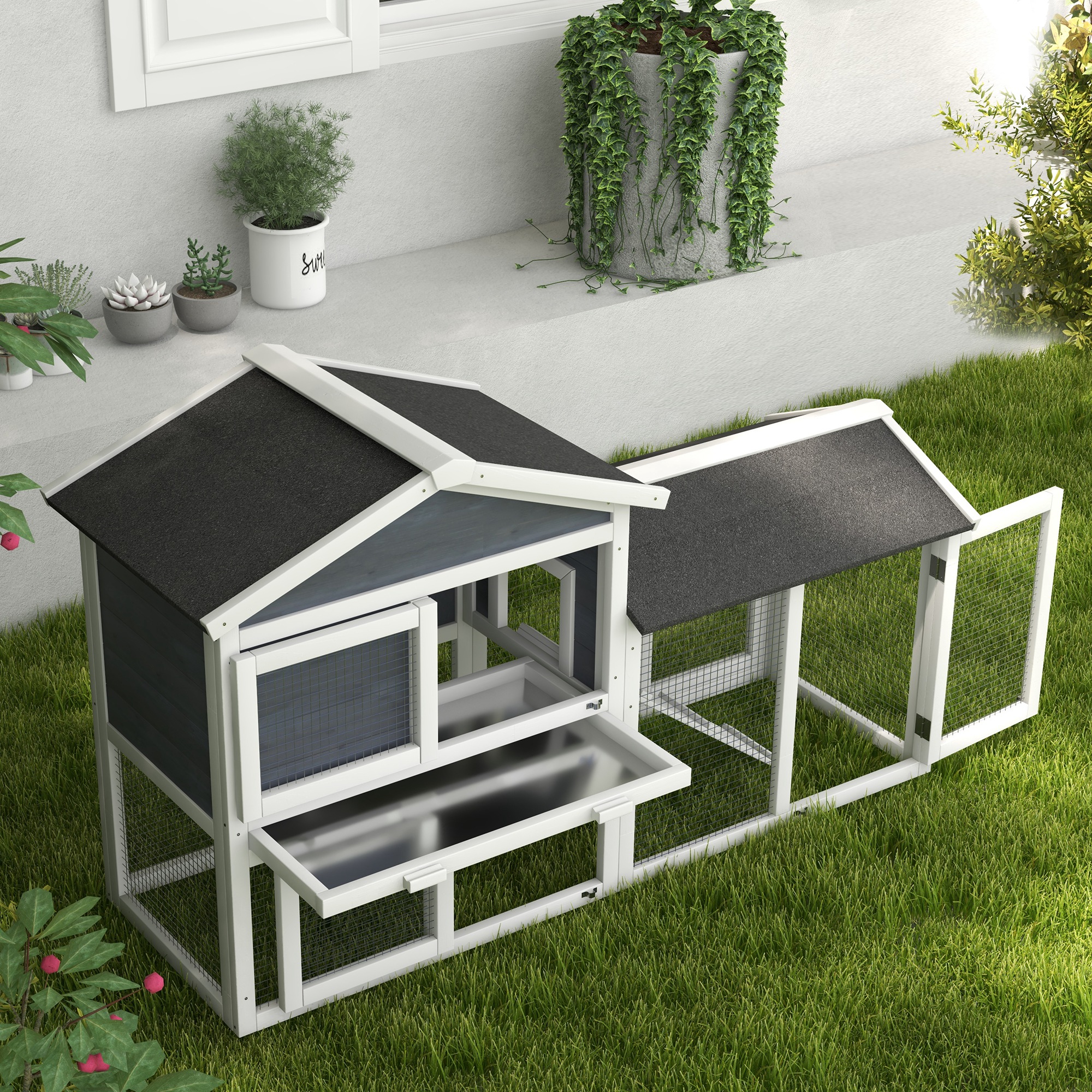 Kleintierstall mit Freilauf, Tannenholz, 147 x 54 x 84 cm, Grau