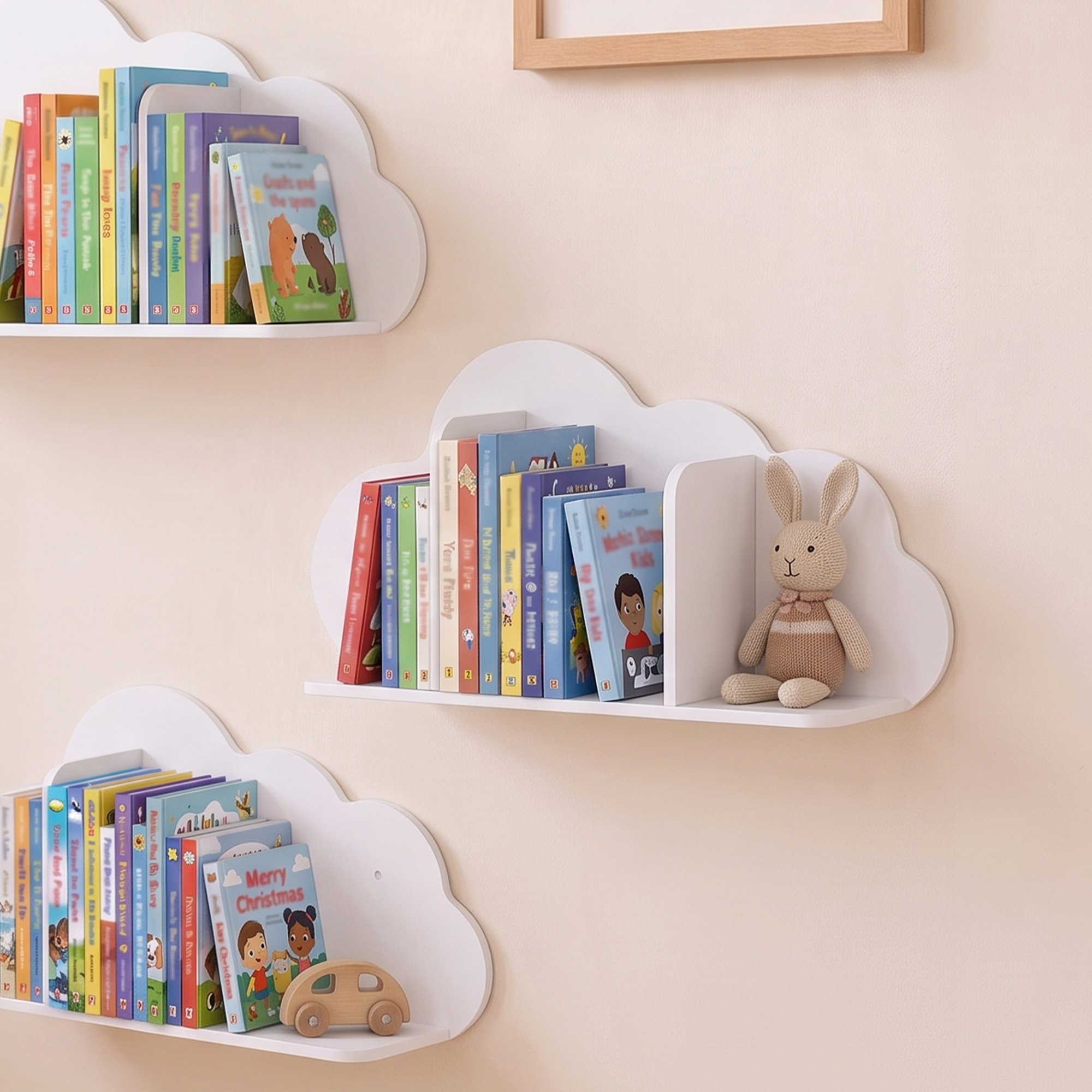 3er Set Wandregal Kinder 60cm Wand Bücherregal im Wolkenform Schwebende Bücherregal Montessori für 3–8 Weiß