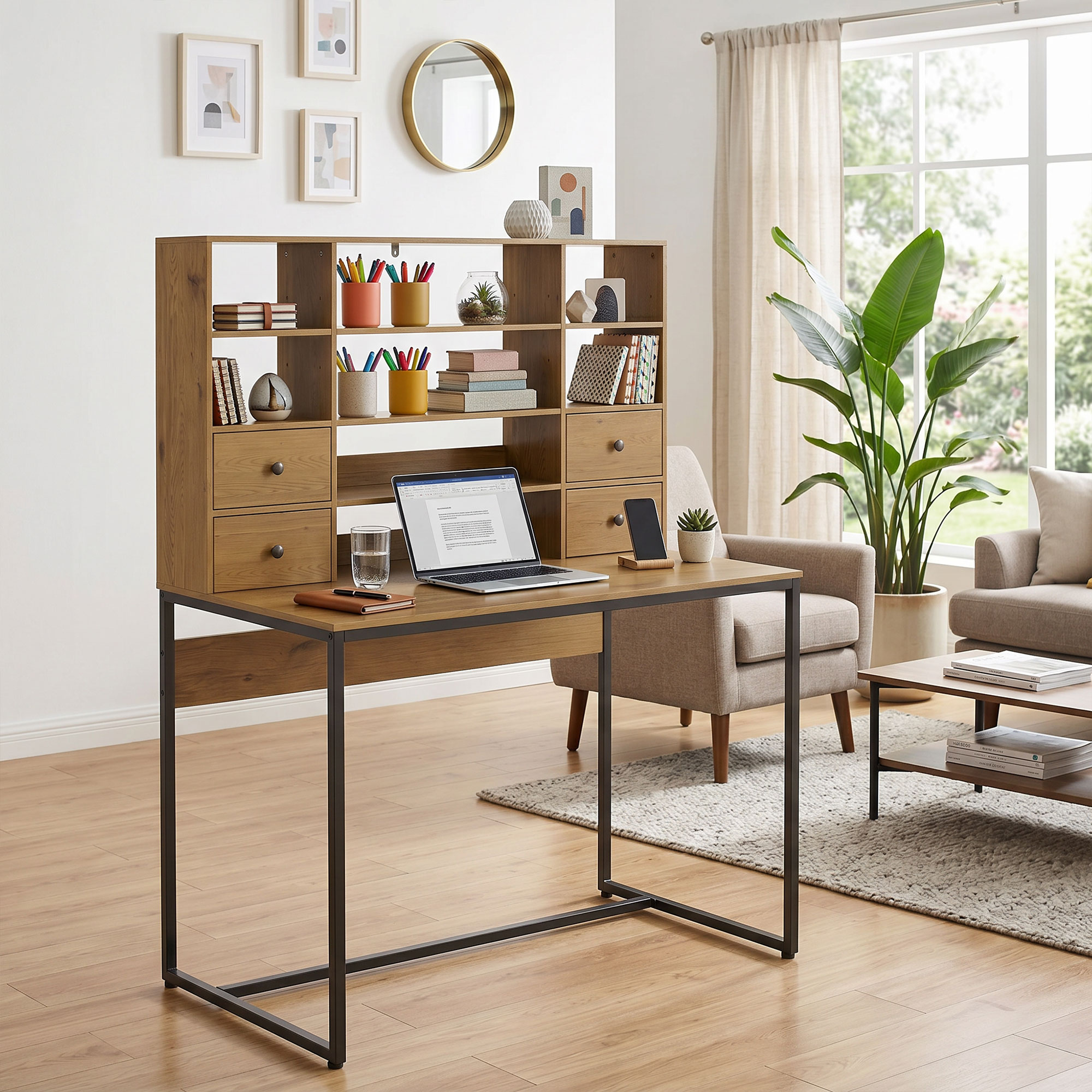 Computertisch mit 4 Schubladen und Regalen, Schreibtisch 105 cm, Naturholz