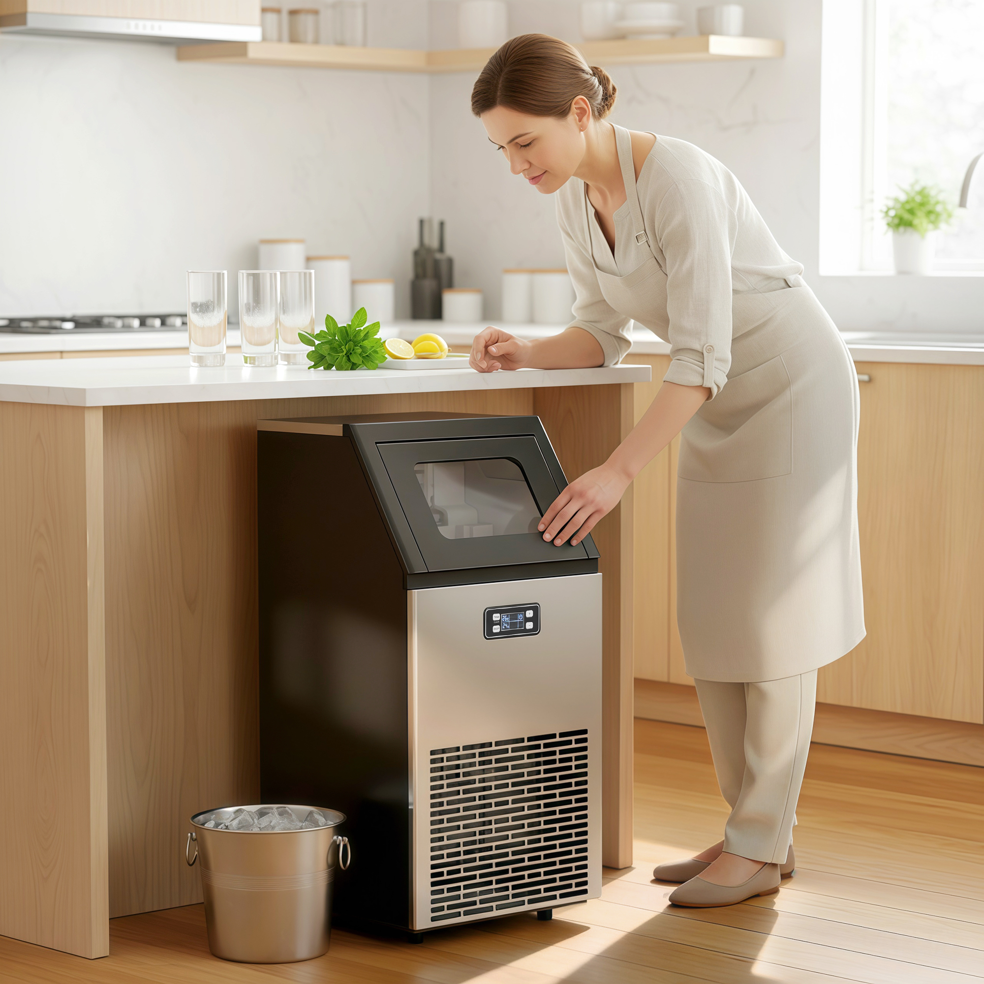 Eiswürfelmaschine 45 kg/24H Eismaschine mit 11 kg Speicher, LCD-Anzeige für Restaurant