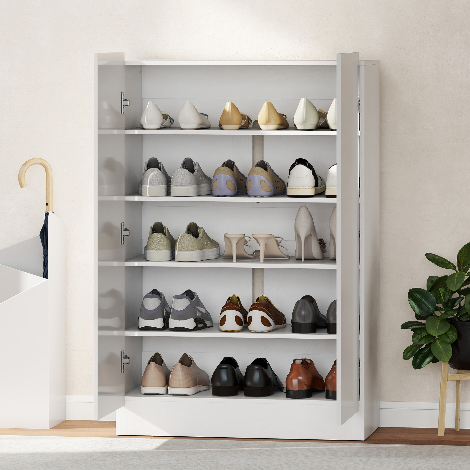 5-stufiger Schuhschrank für 20 Paar Schuhe, verstellbare Regale, für Eingangsbereich, Flur, Holz, Weiß