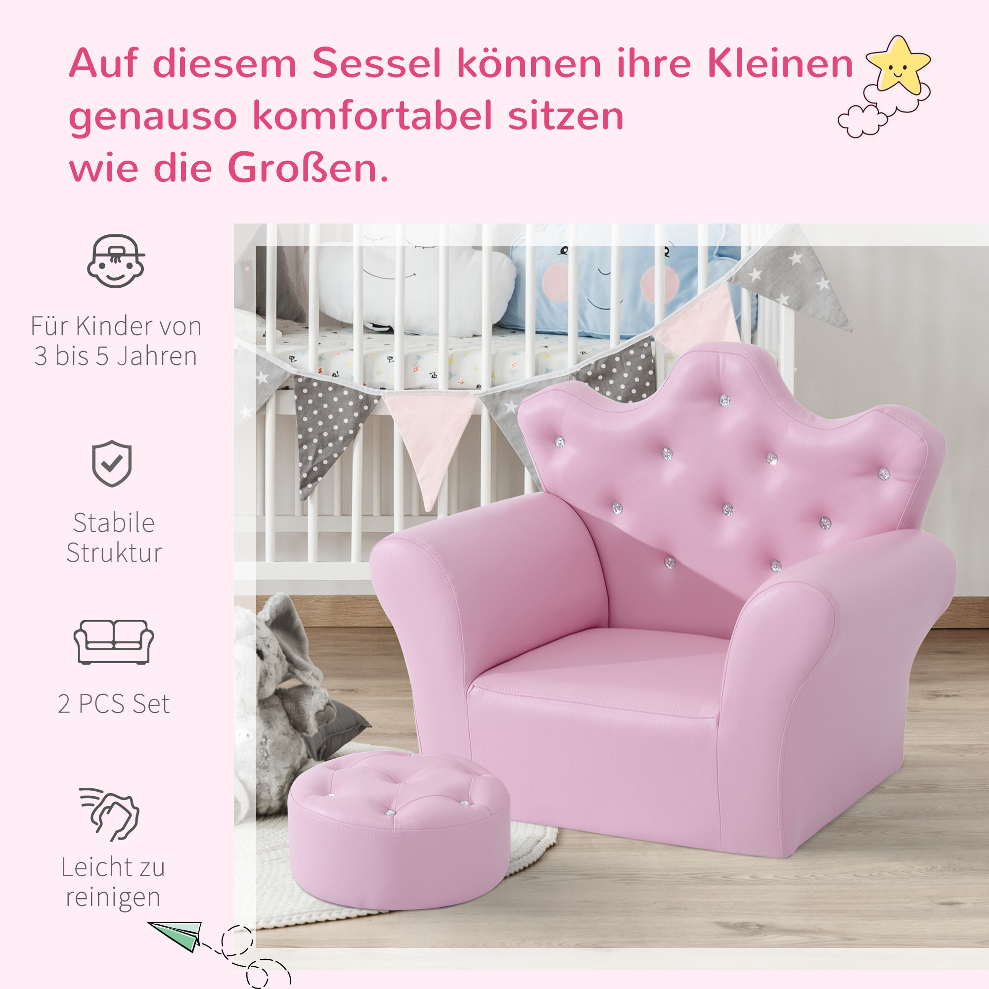 Kindersofa mit Ottomane, Kindercouch Prinzessinnen Kindercouch Mini Couch für Kuschelecke, Kinderzimmer, Spielzimmer, Schlafzimmer, Rosa