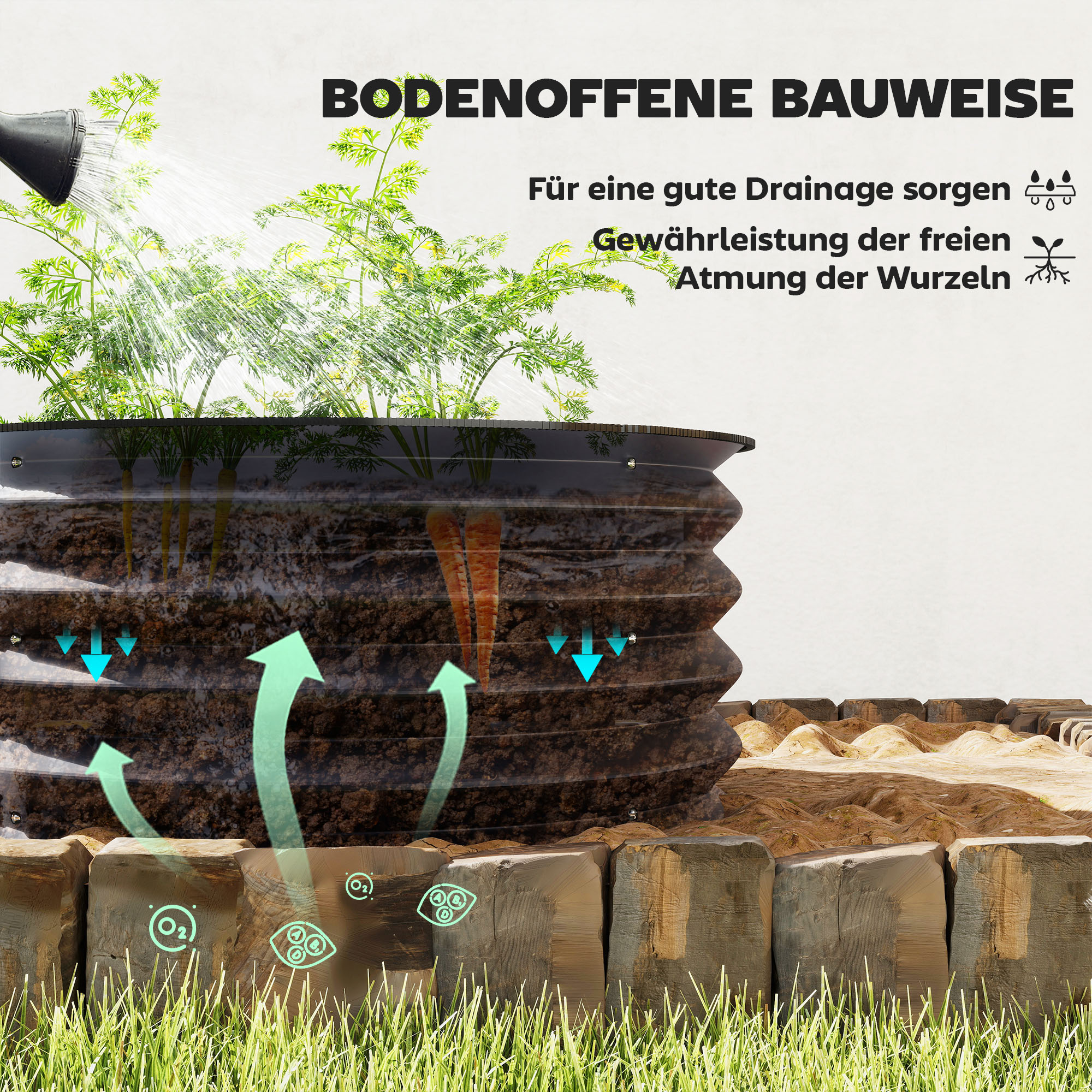 2er-Set Verzinkte Pflanzkübel, Ø60 x 30H cm Blumentöpfe mit offenem Boden für verschiedene Pflanzen, Dunkelgrau