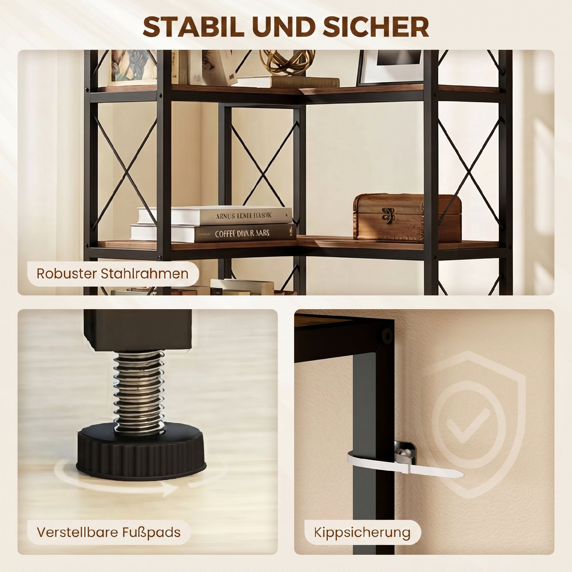 6-stufiges L-förmiges Bücherregal, freistehendes Eckregal mit Metallrahmen, rustikal braun, 60 x 60 x 200 cm