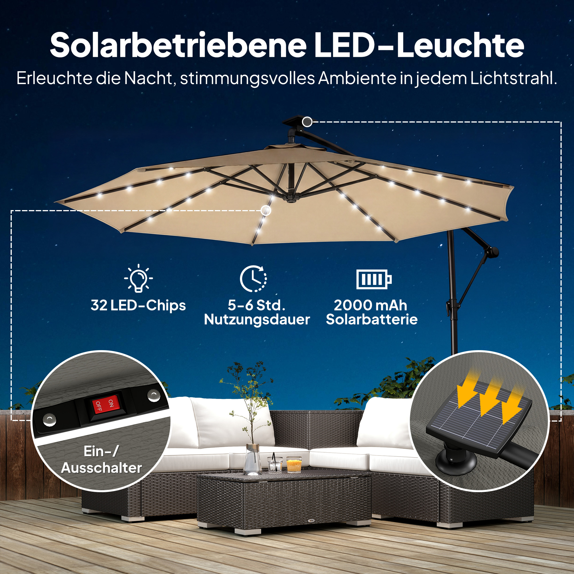 Ampelschirm LED Solar ca. Ø300 cm Drehbar Sonnenschirm mit Kurbel Ständer Schutzhülle Beige