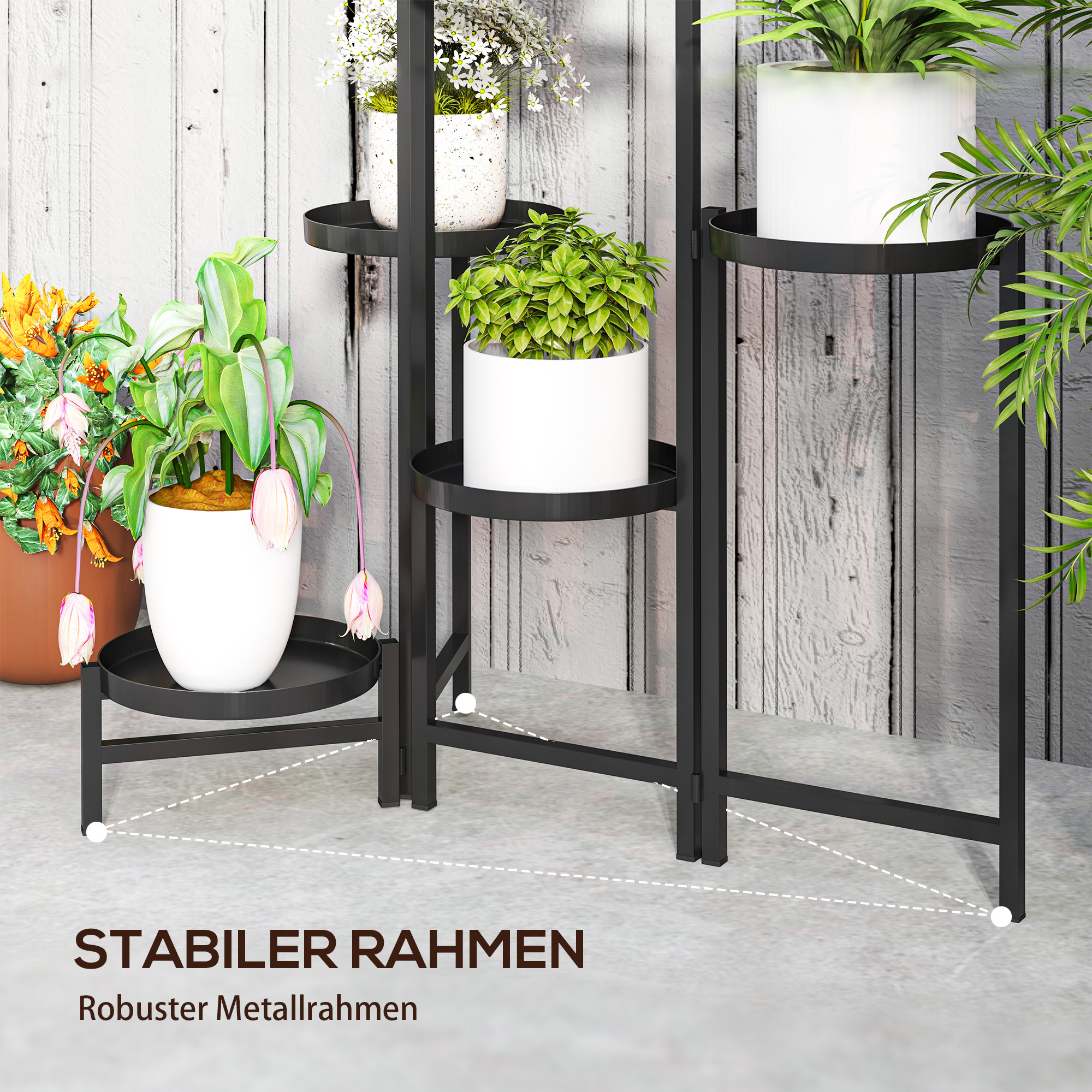 Blumentopfständer, Pflanzenständer mit 6 verstellbaren runden Ebenen, Eckständer für Pflanzentöpfe, Metall, Schwarz