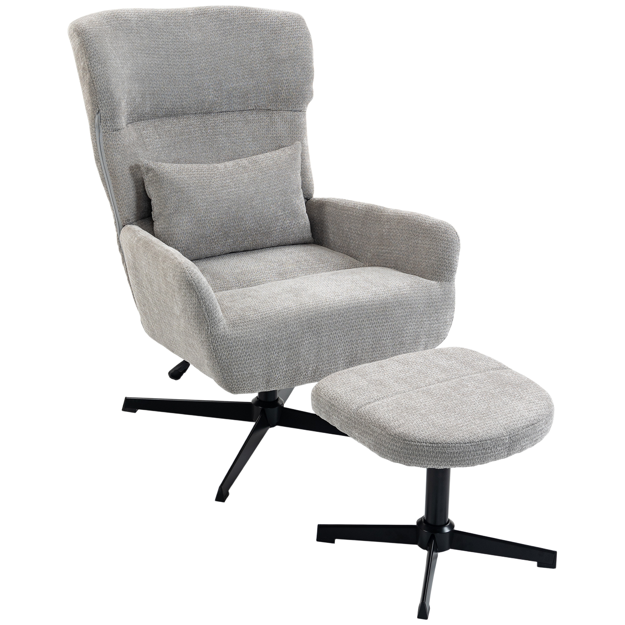 360° drehbarer Loungesessel mit Hocker, höhenverstellbar, Chenille-Bezug, mit Lendenkissen, Cremeweiß