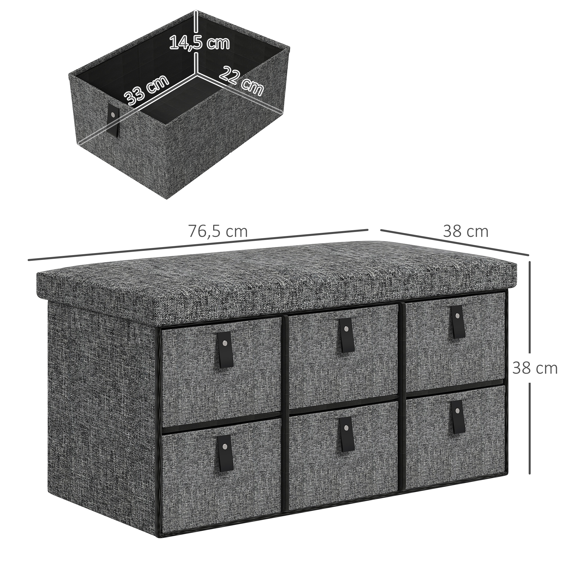 Gepolsterte Schuhbank, 6 Schuhfächer, MDF-Rahmen, Leinenoptik, Grau