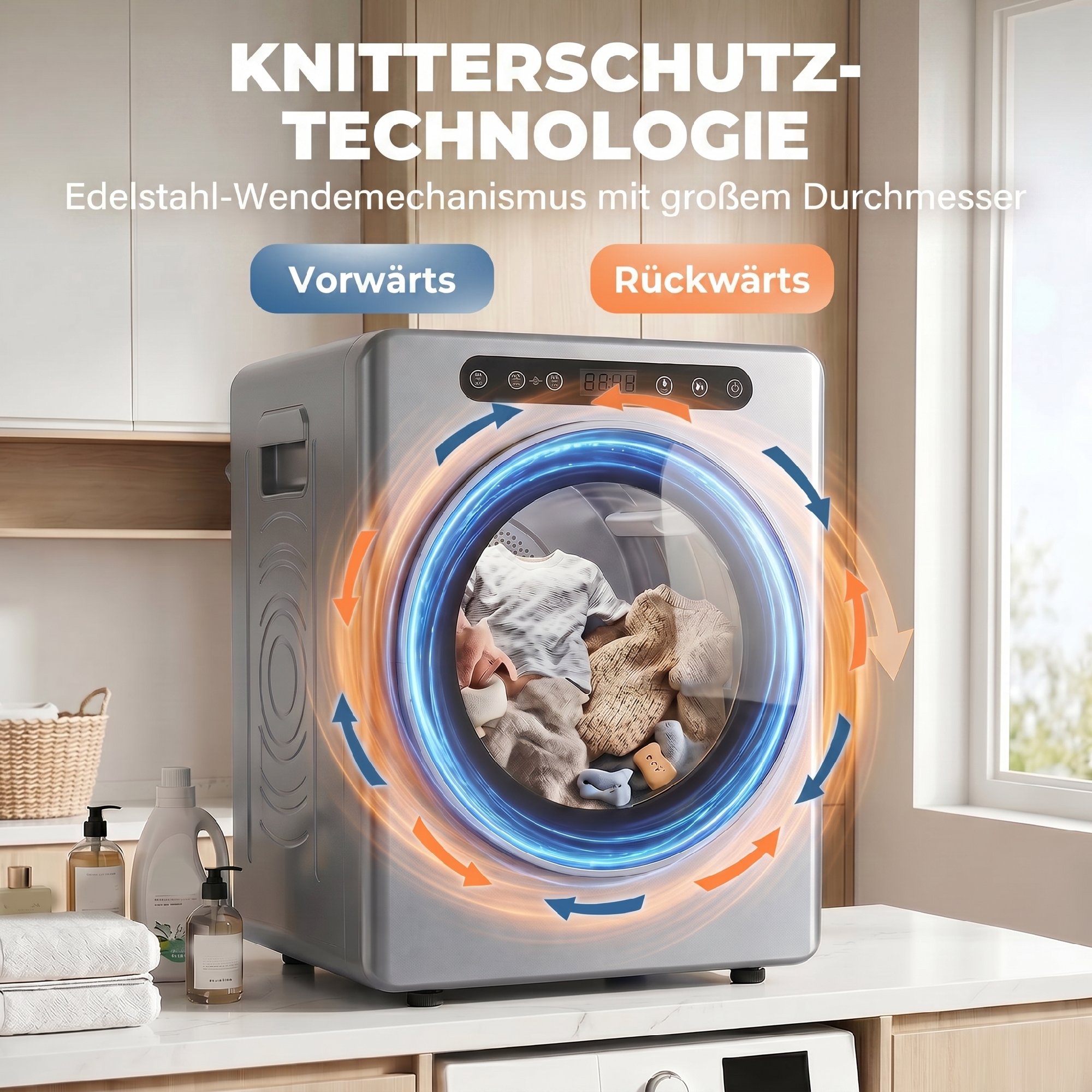 5kg Ablufttrockner, 1000W Kompakter freistehender Frontlader-Wäschetrockner mit Edelstahltrommel, Timer, Silber