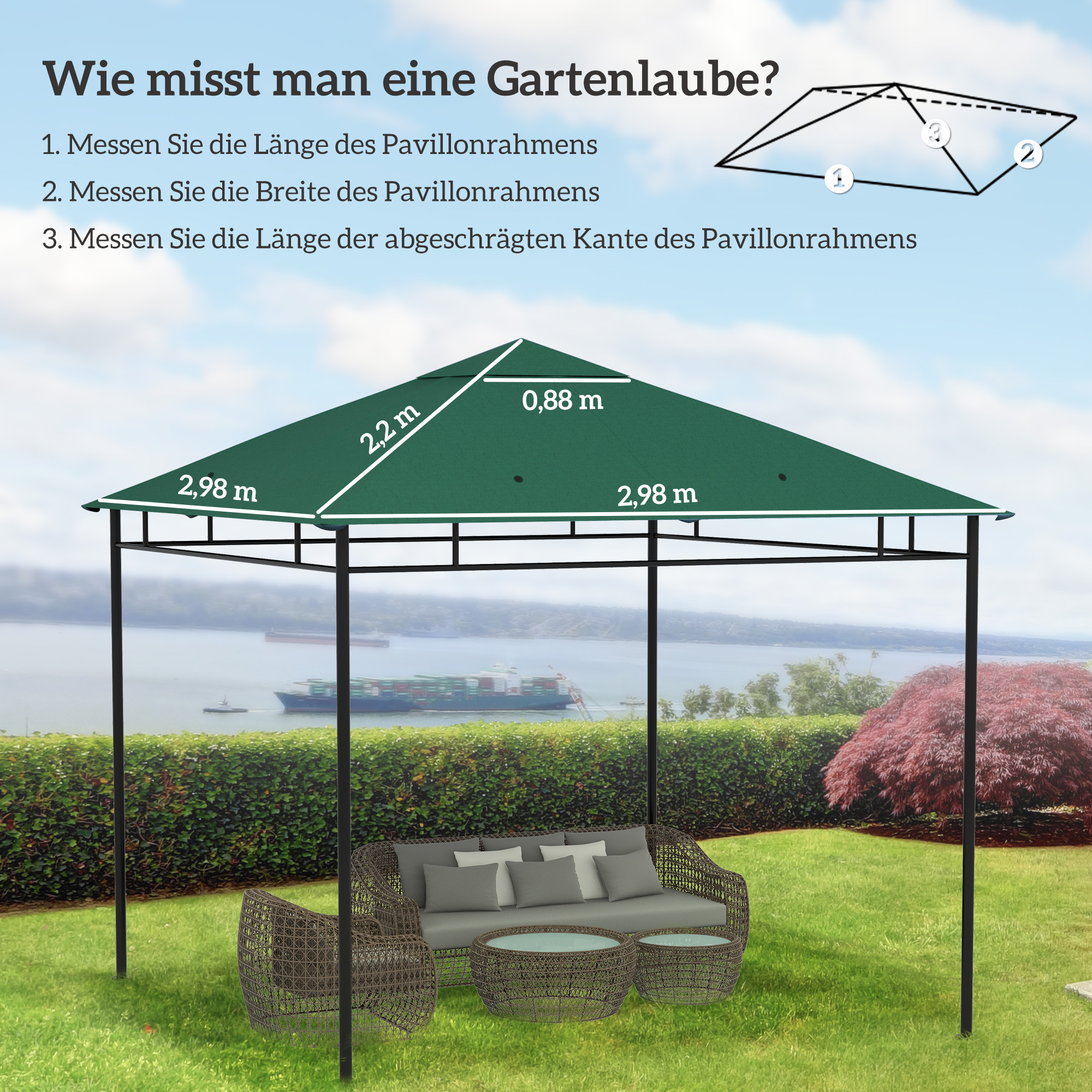 Ersatzdach für Gartenpavillon, 8 Wasserabflusslöcher, einfache Montage, Polyester, grün, 2,98 x 2,98 m
