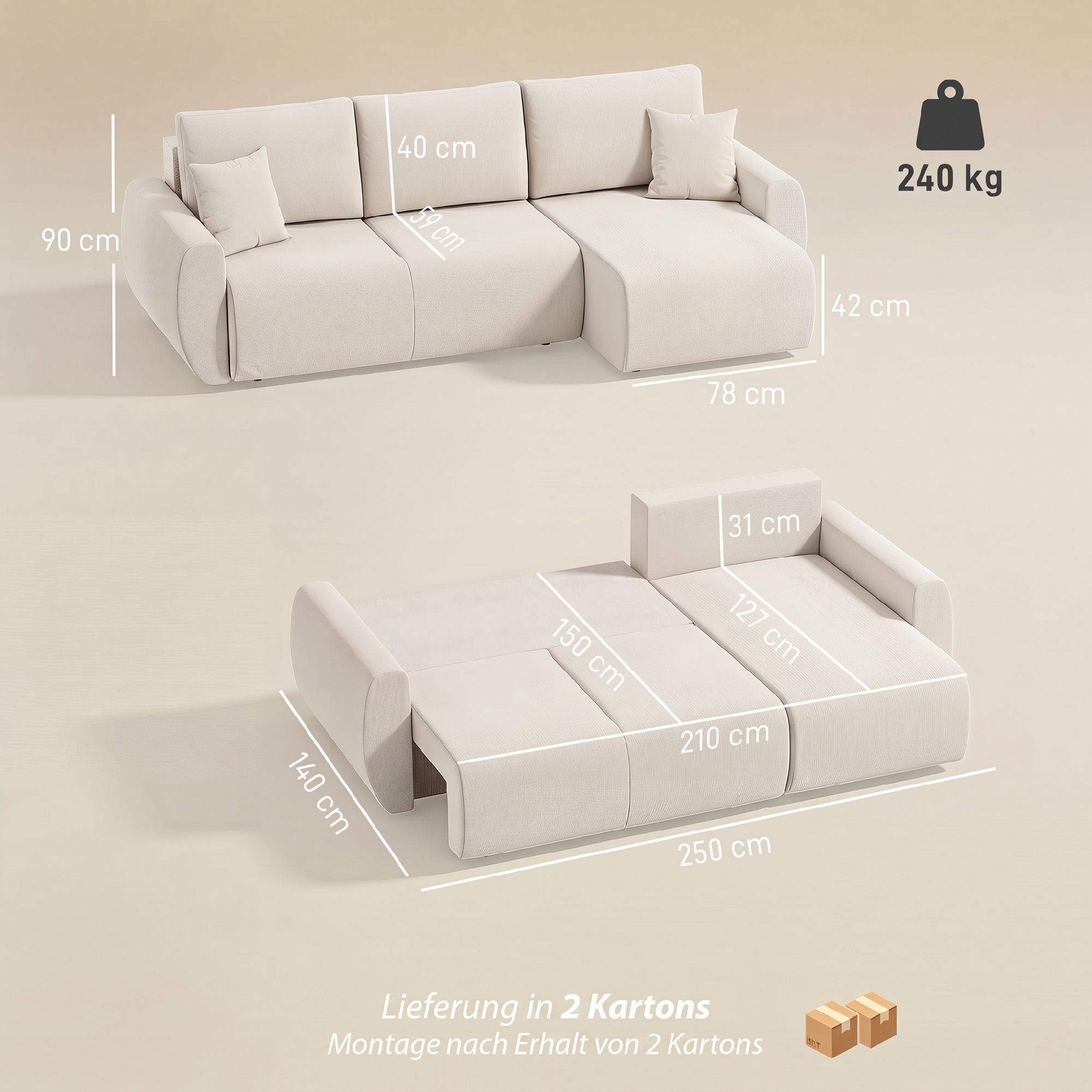 Schlafsofa mit Umkehrbarer Chaiselongue, L-förmiges 3-Sitzer Sofa aus Veloursbezug, Cremeweiß