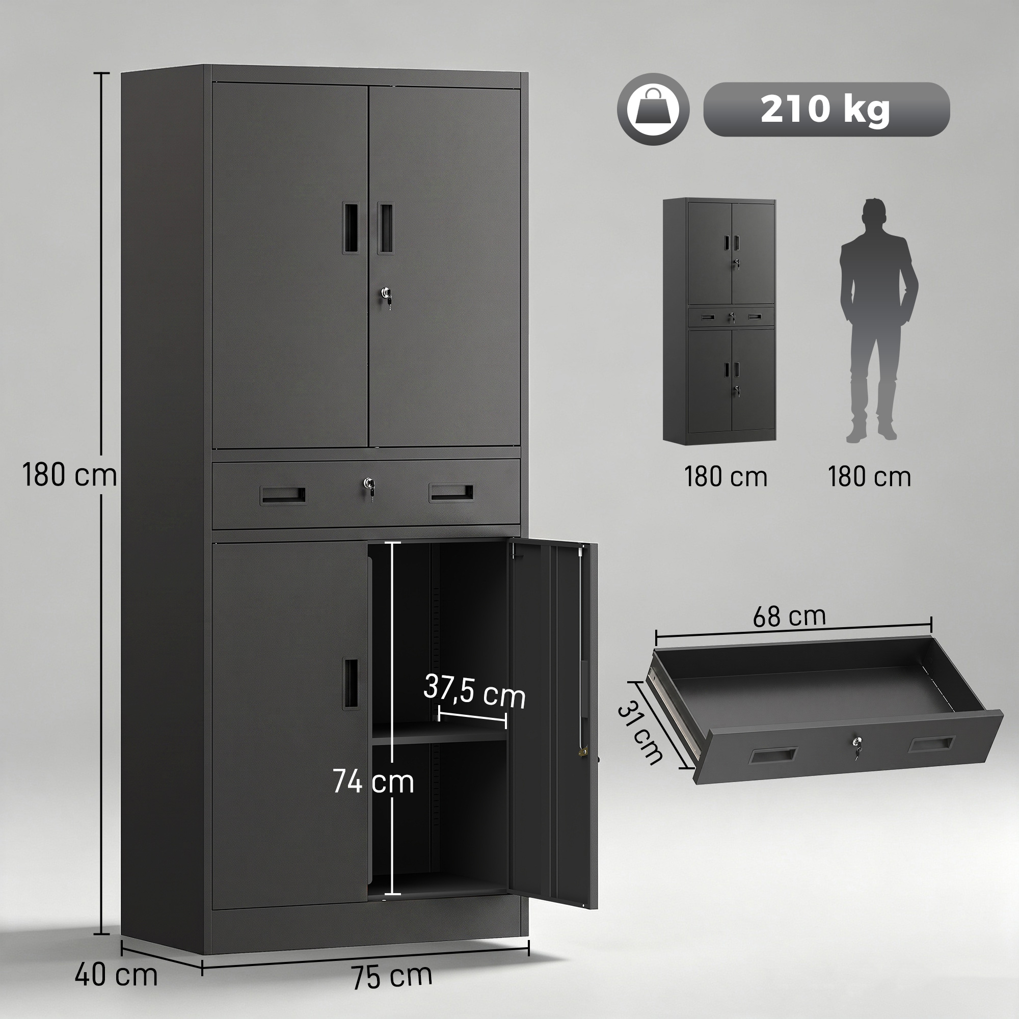 Metallschrank 180 cm, Werkzeugschrank mit abschließbaren Türen, Schublade und verstellbaren Böden, Schwarz