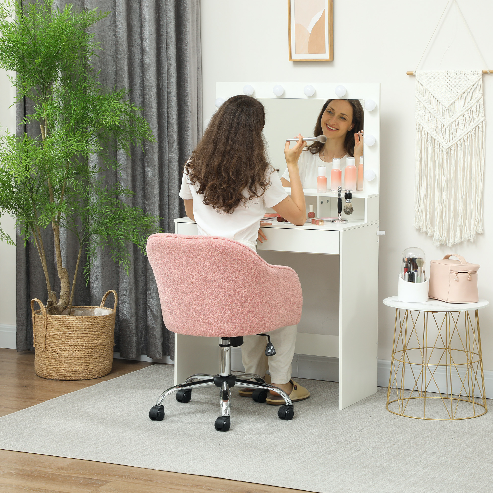 Homeoffice Stuhl, Ergonomisch Schreibtischstuhl mit Wippfunktion, Teddysamtoptik 56 x 61 x 86 cm Rosa