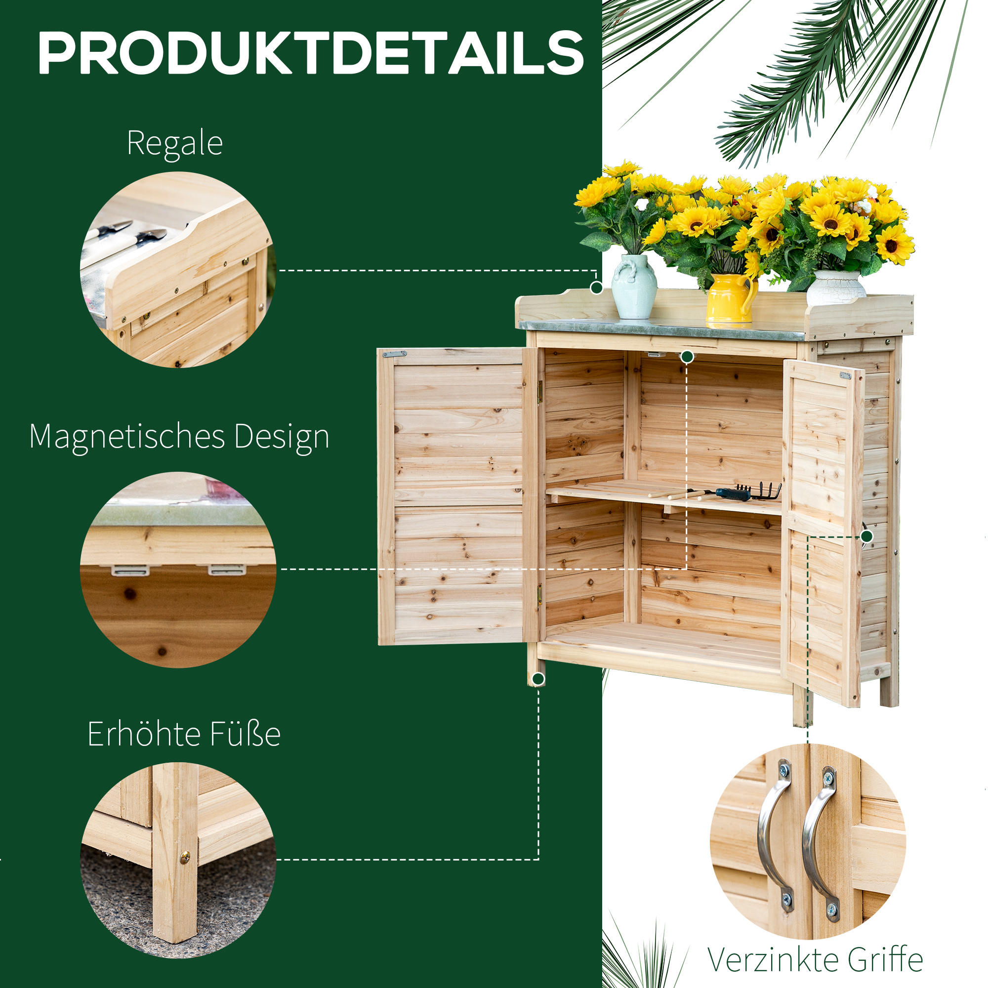 Gartenschrank mit 2 Fächern, Metall-Arbeitsplatte mit Aufkantung, Naturholz, 83 x 40 x 92 cm