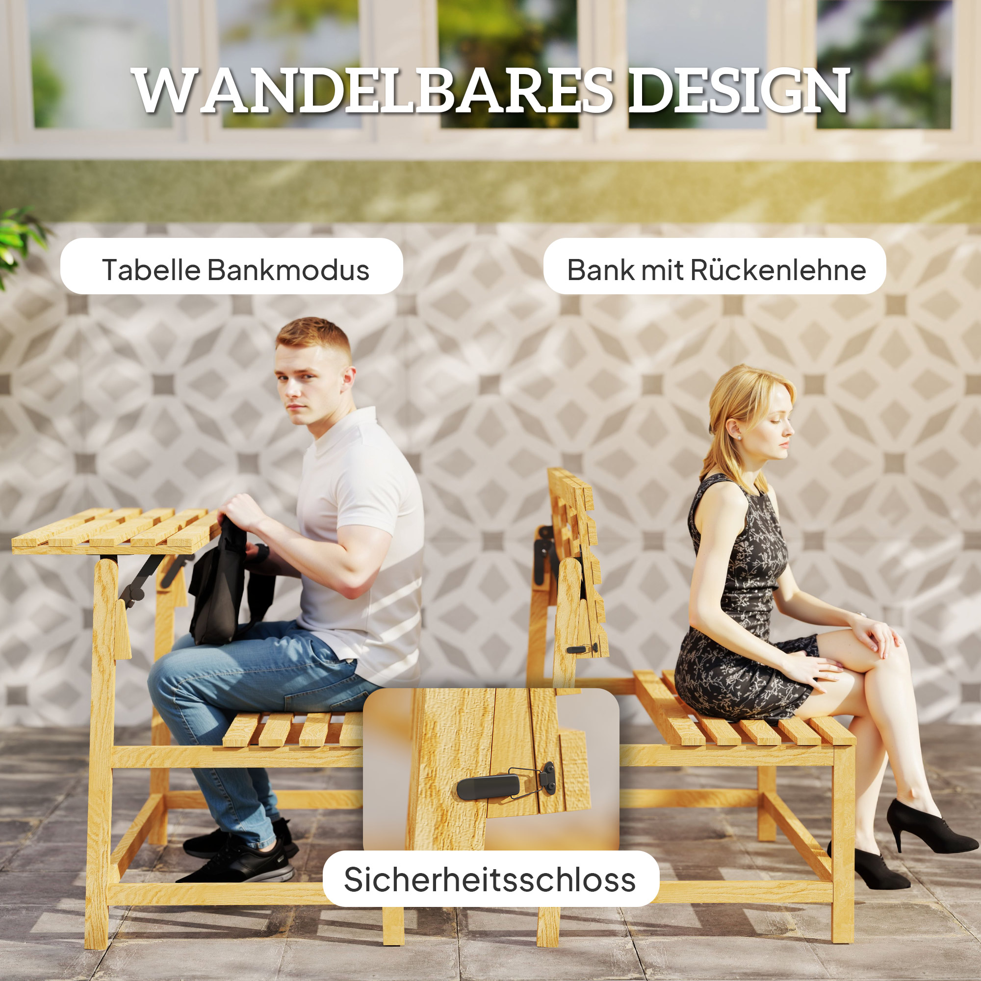 2-Sitzer Gartenbank Holz, wetterfest Sitzbank, UV-Beständig Gartenmöbel mit Umwandelbare Rückenlehnen 110x61x89cm, Teak
