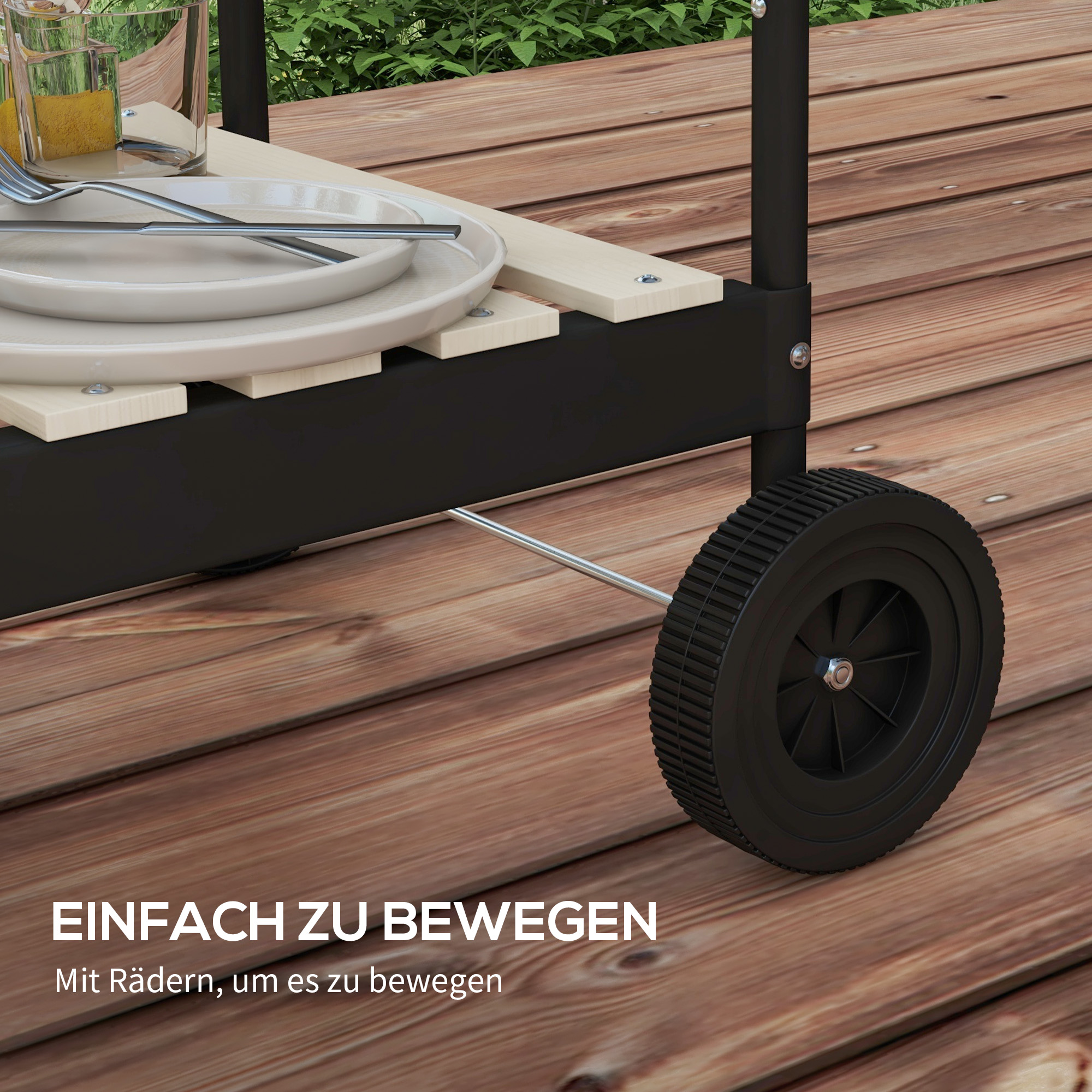 Holzkohlegrill aus Metall BBQ Smoker mit Räder, höheverstellbar Grillrost, Holzablage 103x47x95 cm schwarz