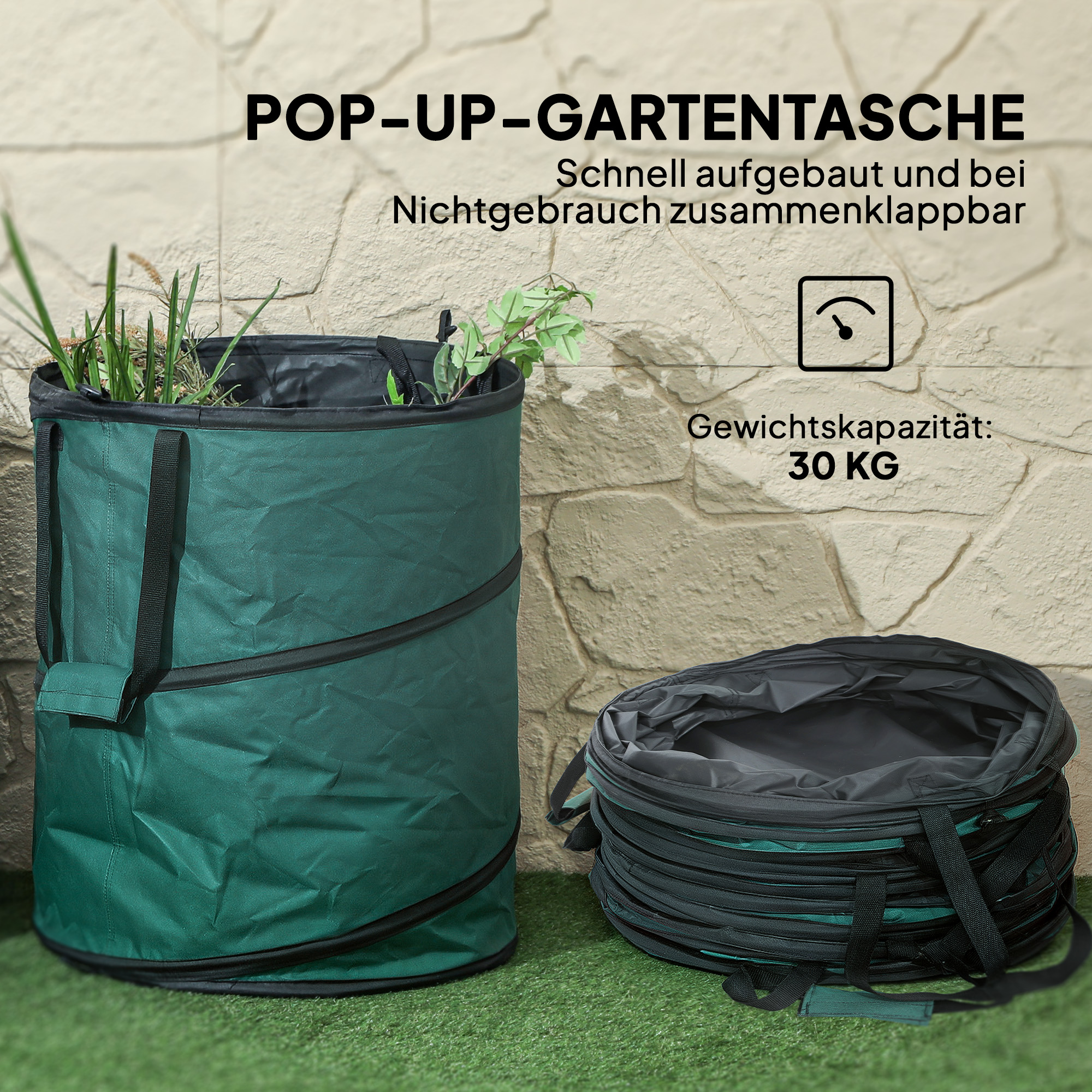 Gartensack 2x160L wasserdicht Gartenabfallsack mit Trageschlaufen Griffe, stabil robust Laubsack Grün