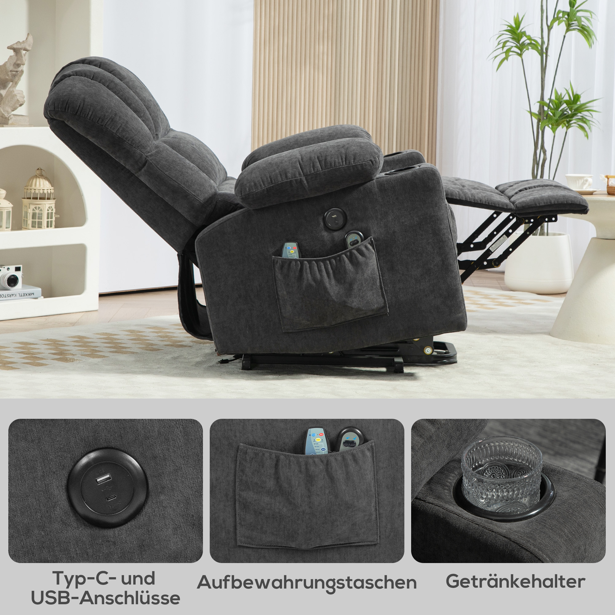 Power Lift Aufsteh-Sessel mit Massage- und Wärmefunktion, USB-Anschlüssen, Becherhaltern, Dunkelgrau
