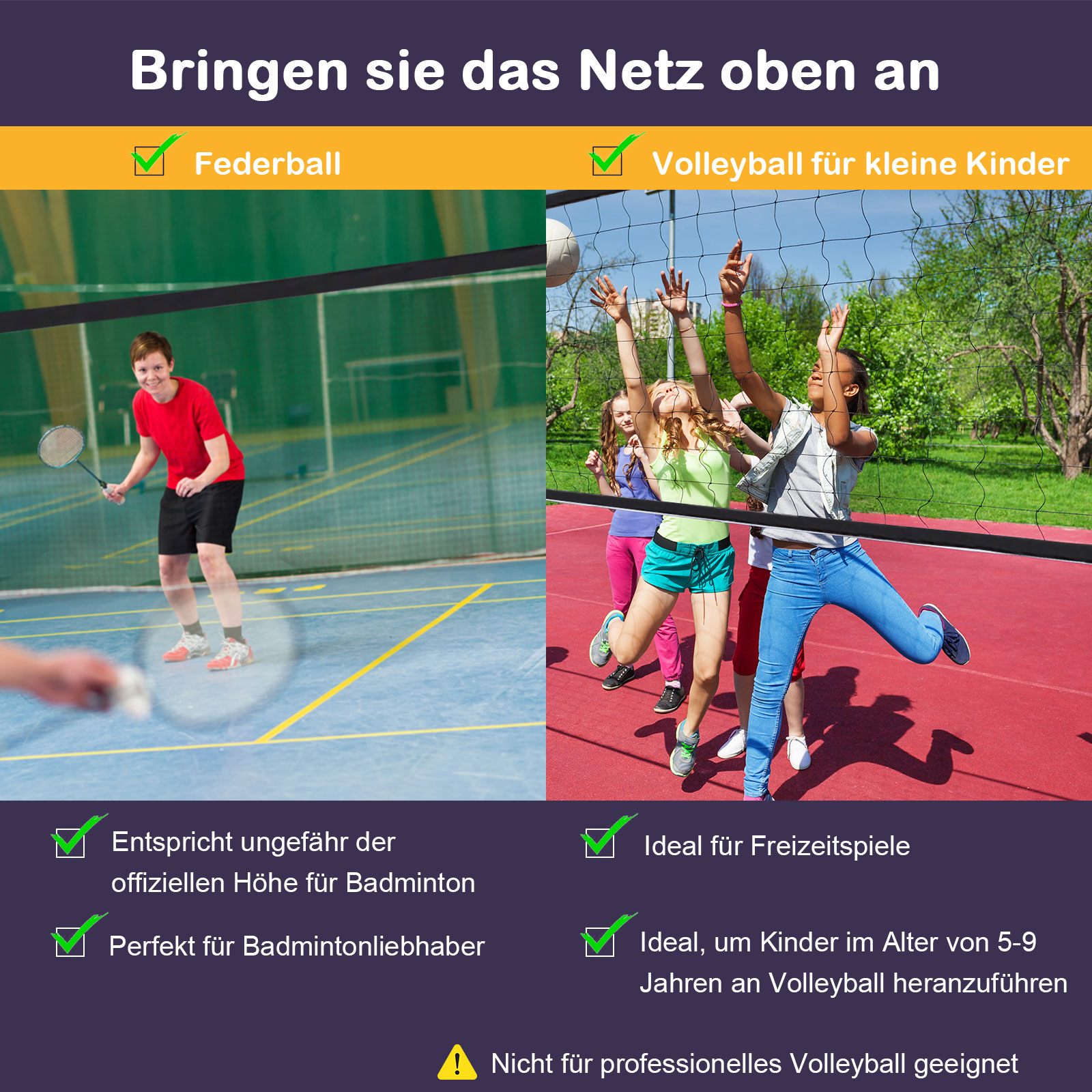 Badmintonnetz 94/158cm faltbares Volleyballnetz mit Transporttasche 2-Fach-Höhenverstellbar Tennisnetz Badminton Netz tragbares Set für Tennis Federballnetz für Garten Park Outdoor