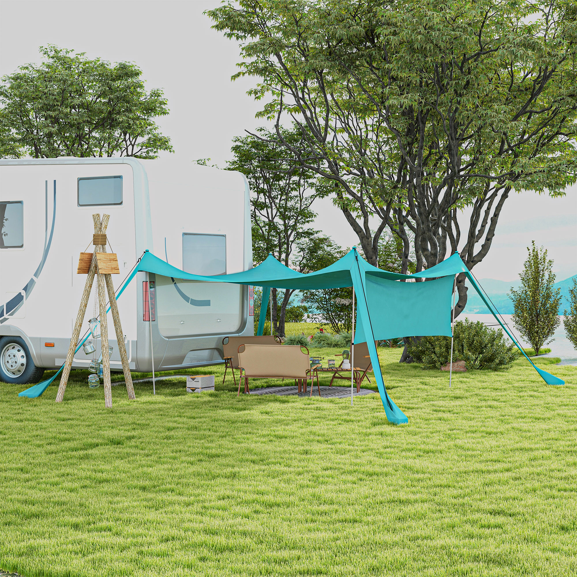 Sonnensegel, wasserdicht, anpassbar, leicht, faltbar, Stahlstützen, 3x3x2m, Himmelblau