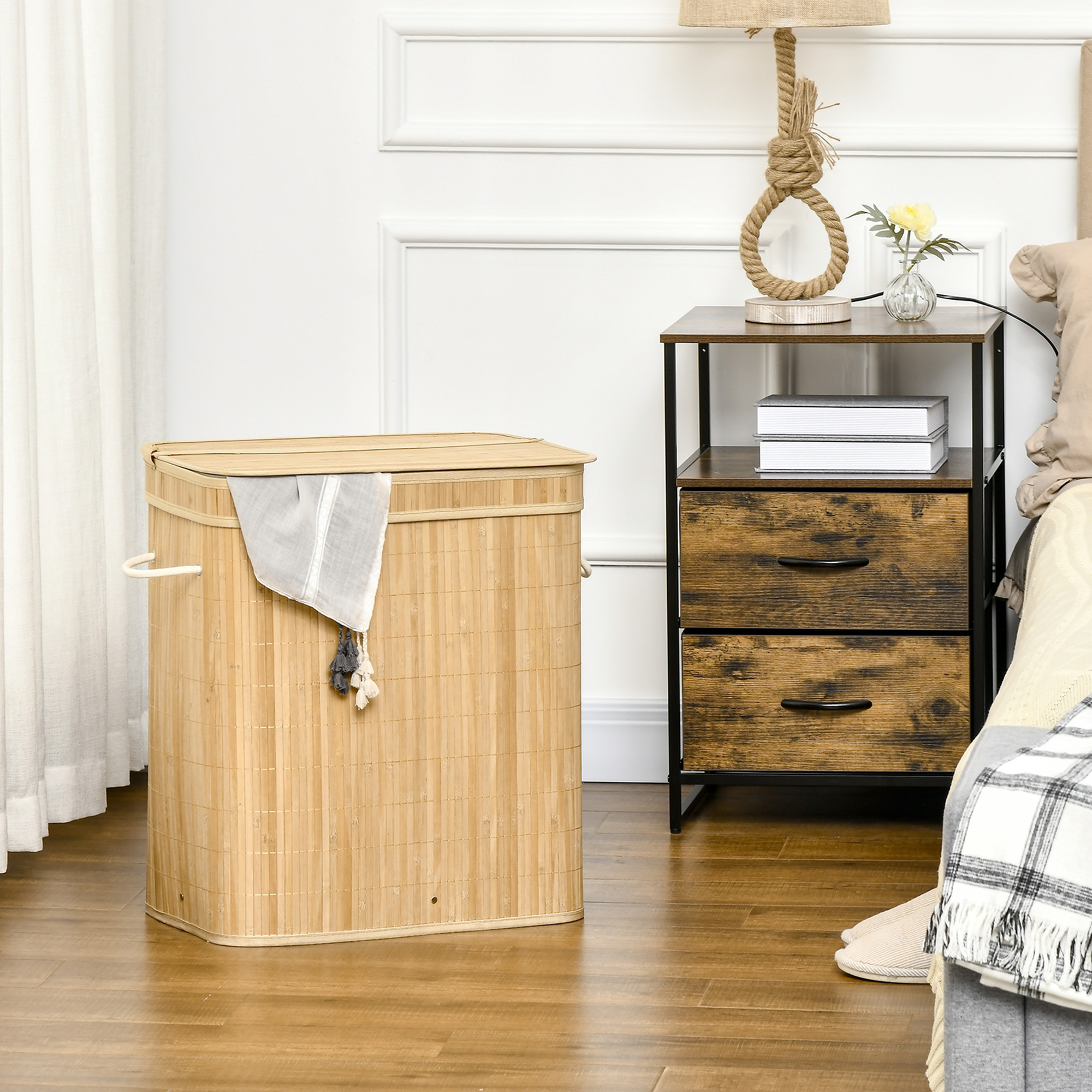 Faltbarer Bambus-Wäschekorb, handlicher 90 L Wäschebehälter mit herausnehmbarem Innensack und Deckel