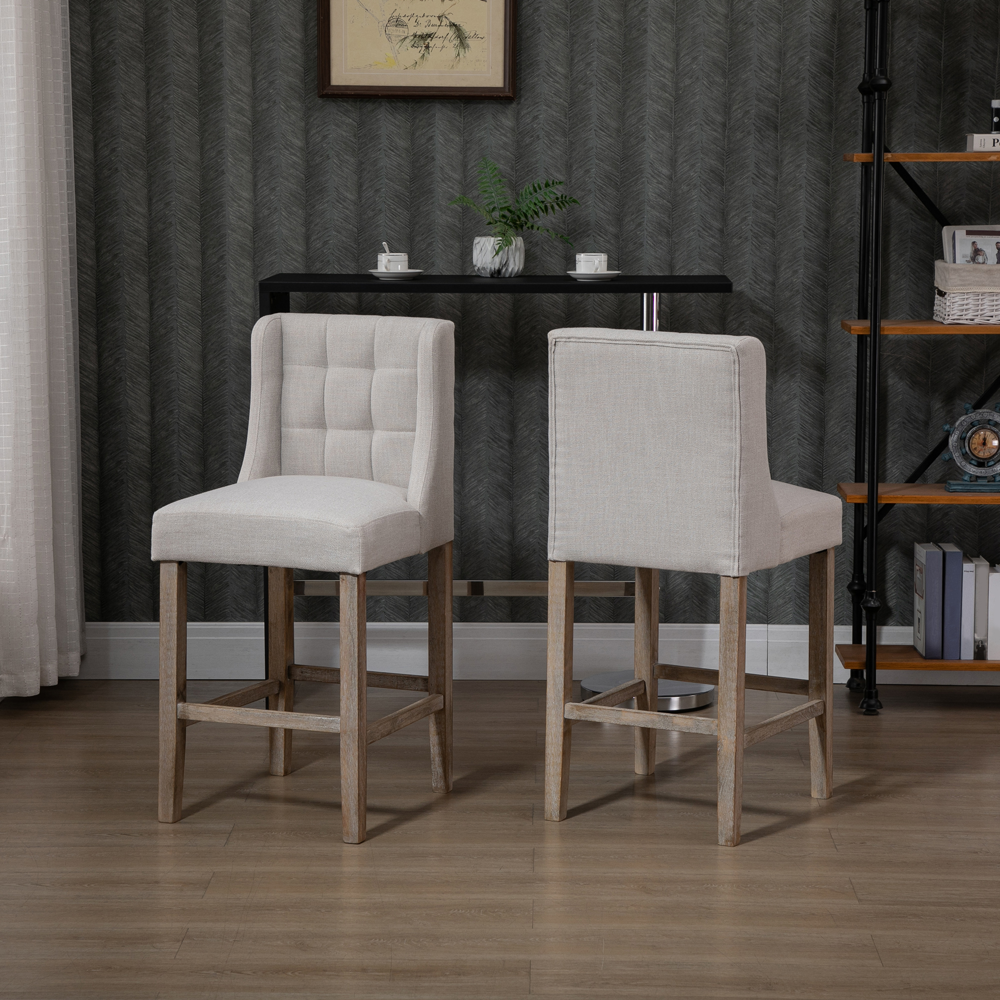 2er-Set Barhocker mit lehne Barstühle mit Knopfheftung, Massivholz, inkl. Fußstütze, 47 cm x 50 cm x 101 cm, Grau + Natur